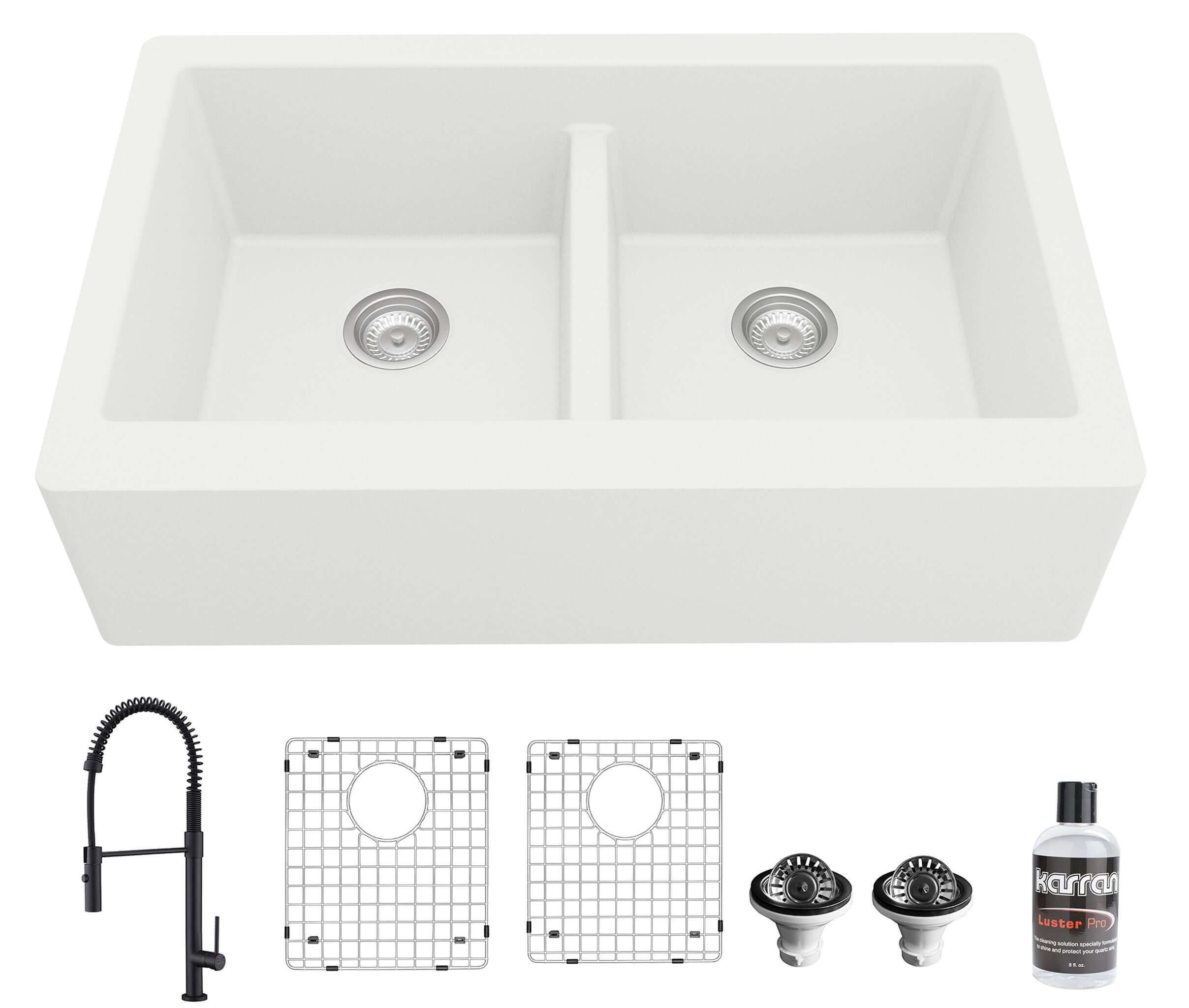 Alternate Image for Karran 34" Quartz Composite Farmhouse Sink with Matte Black Faucet and Accessories, 50/50 Double Bowl, White, QA750WH220MB