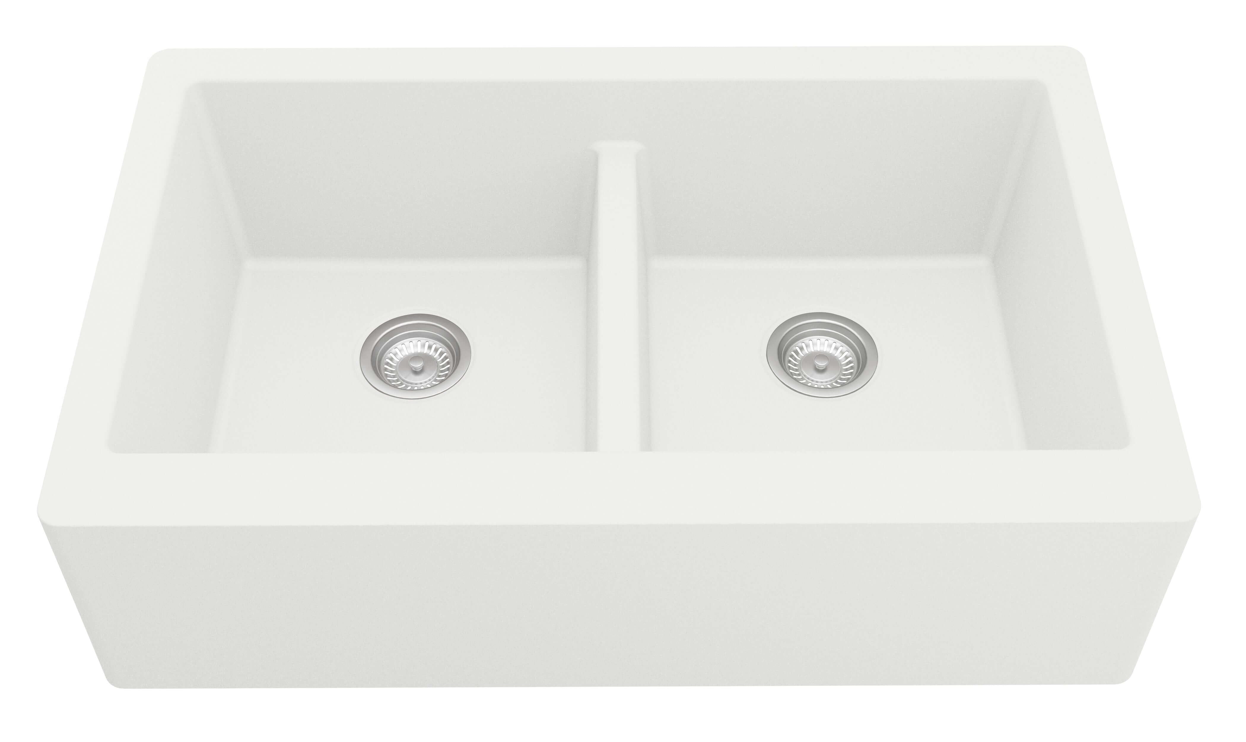 Alternate Image for Karran 34" Quartz Composite Farmhouse Sink with Matte Black Faucet and Accessories, 50/50 Double Bowl, White, QA750WH220MB