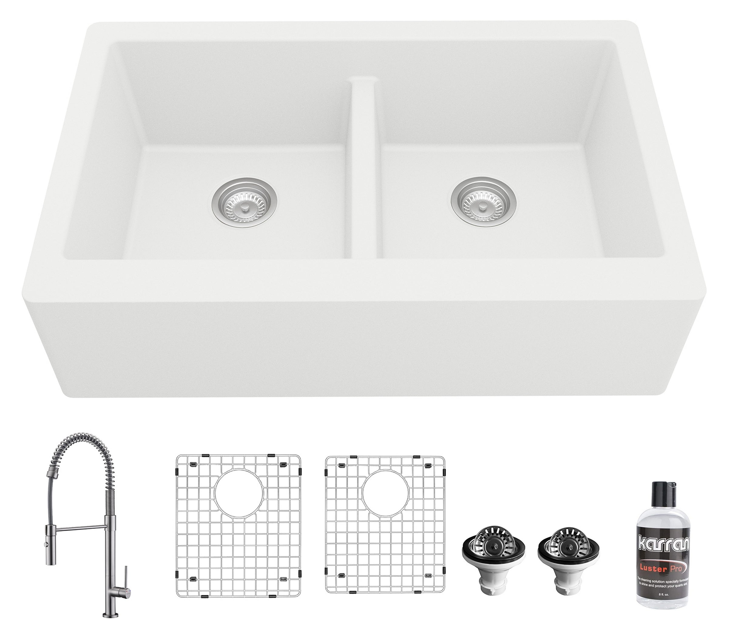 Karran 34" Quartz Composite Farmhouse Sink with Stainless Steel Faucet and Accessories, 50/50 Double Bowl, White, QA750WH220SS