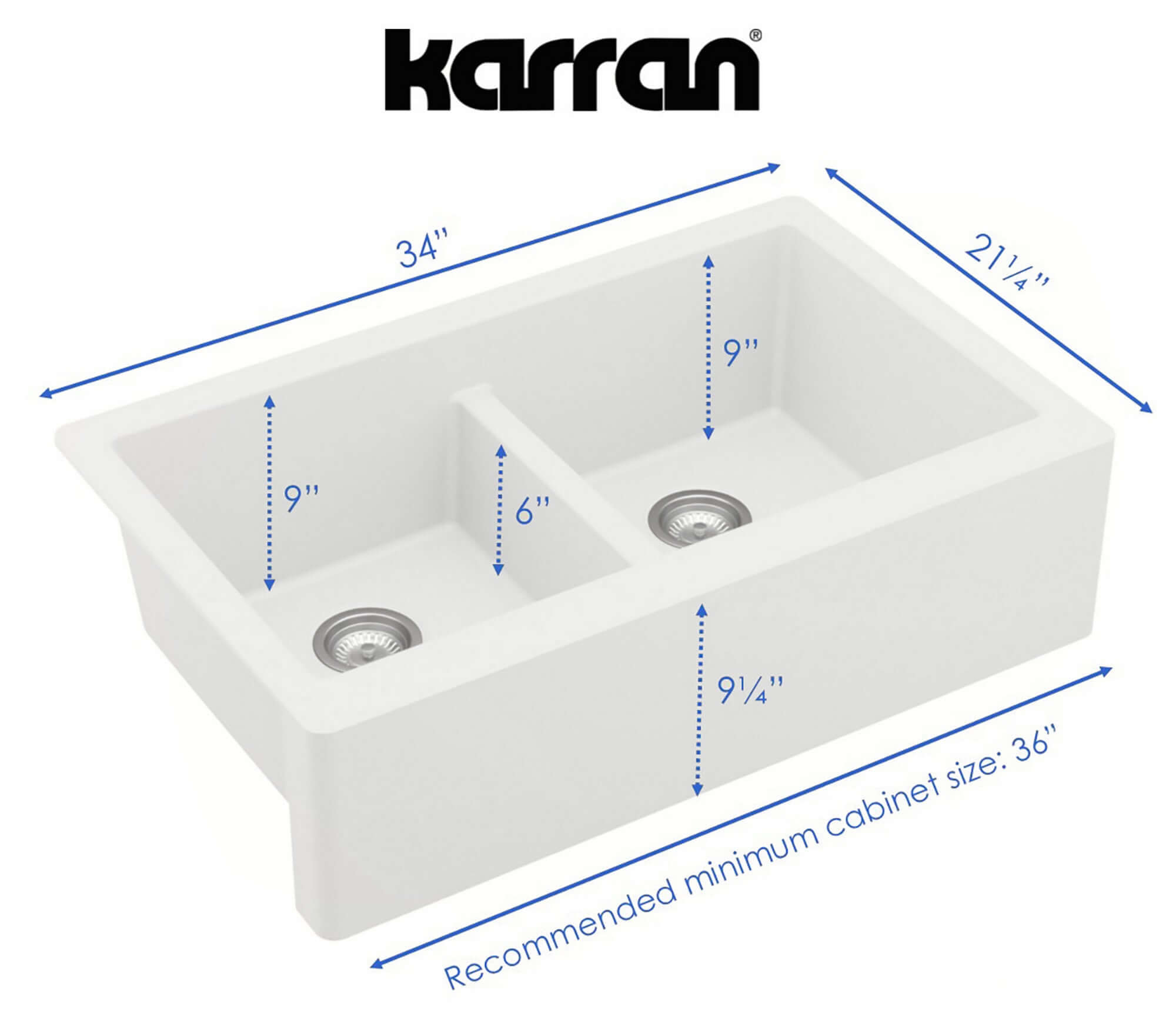 Alternate Image for Karran 34" Quartz Composite Farmhouse Sink with Stainless Steel Faucet and Accessories, 50/50 Double Bowl, White, QA750WH220SS