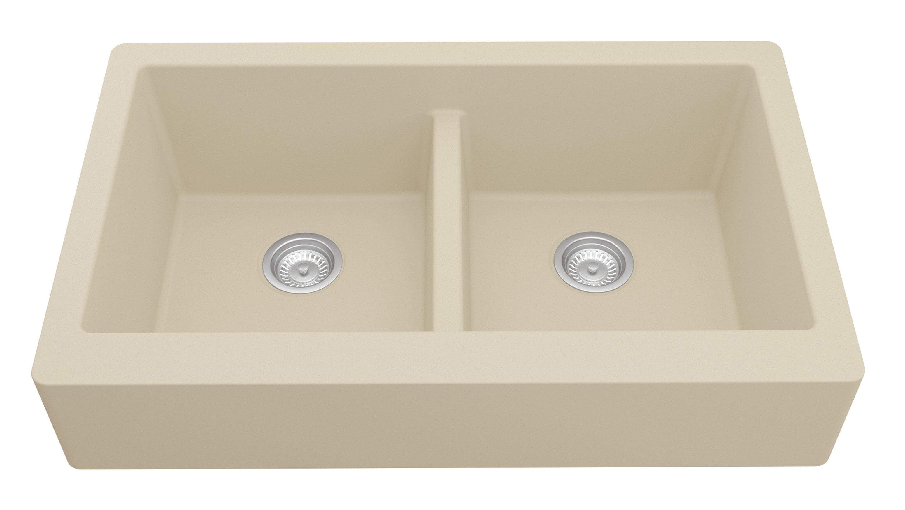 Alternate Image for Karran 34" Quartz Composite Retrofit Farmhouse Sink, 50/50 Double Bowl, Bisque, QAR-750-BI