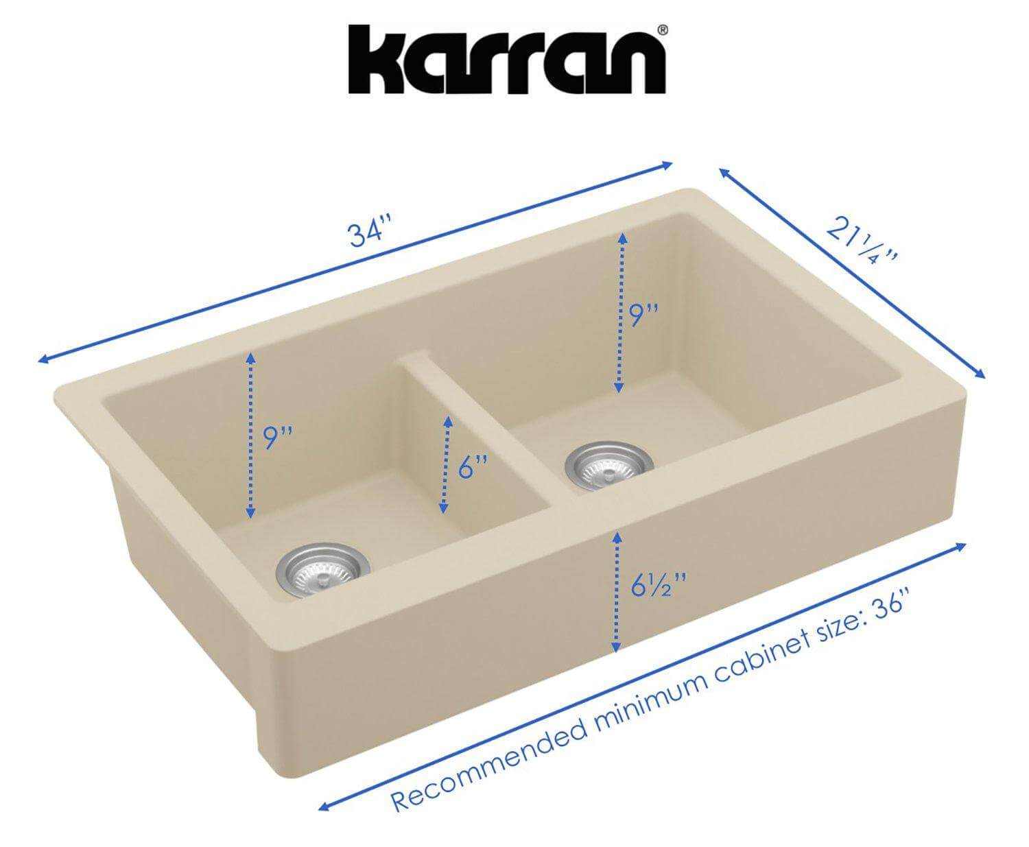 Alternate Image for Karran 34" Quartz Composite Retrofit Farmhouse Sink, 50/50 Double Bowl, Bisque, QAR-750-BI