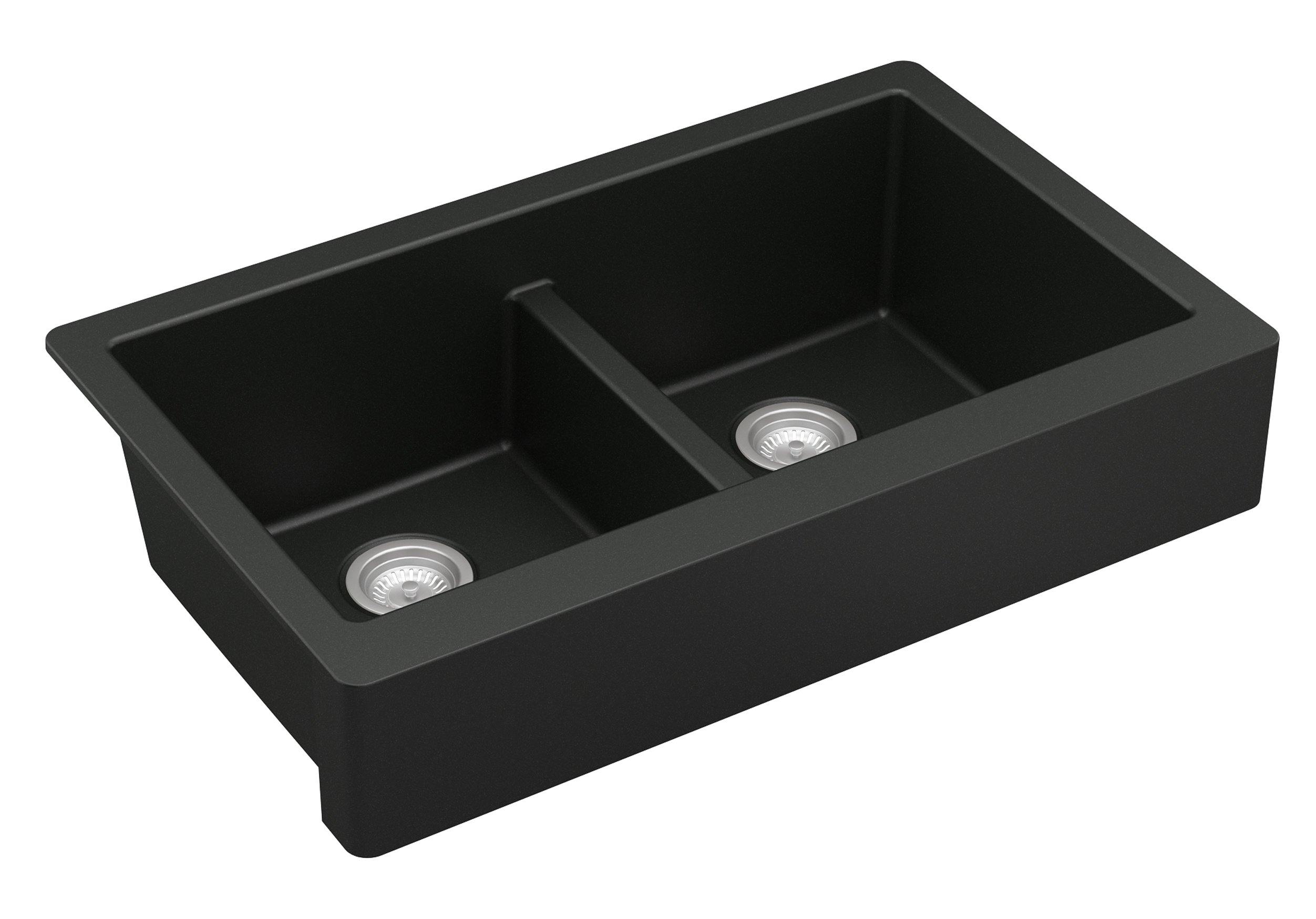 Alternate Image for Karran 34" Quartz Composite Retrofit Farmhouse Sink, 50/50 Double Bowl, Black, QAR-750-BL