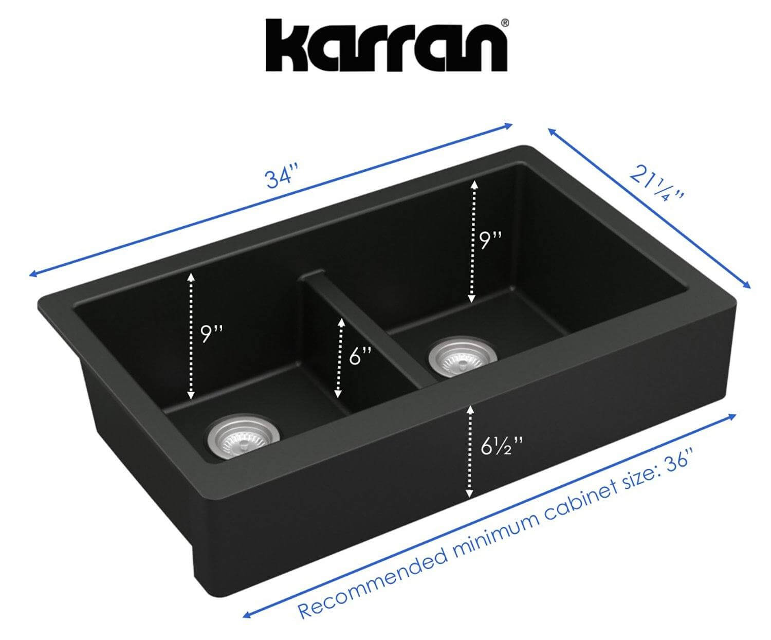 Alternate Image for Karran 34" Quartz Composite Retrofit Farmhouse Sink, 50/50 Double Bowl, Black, QAR-750-BL