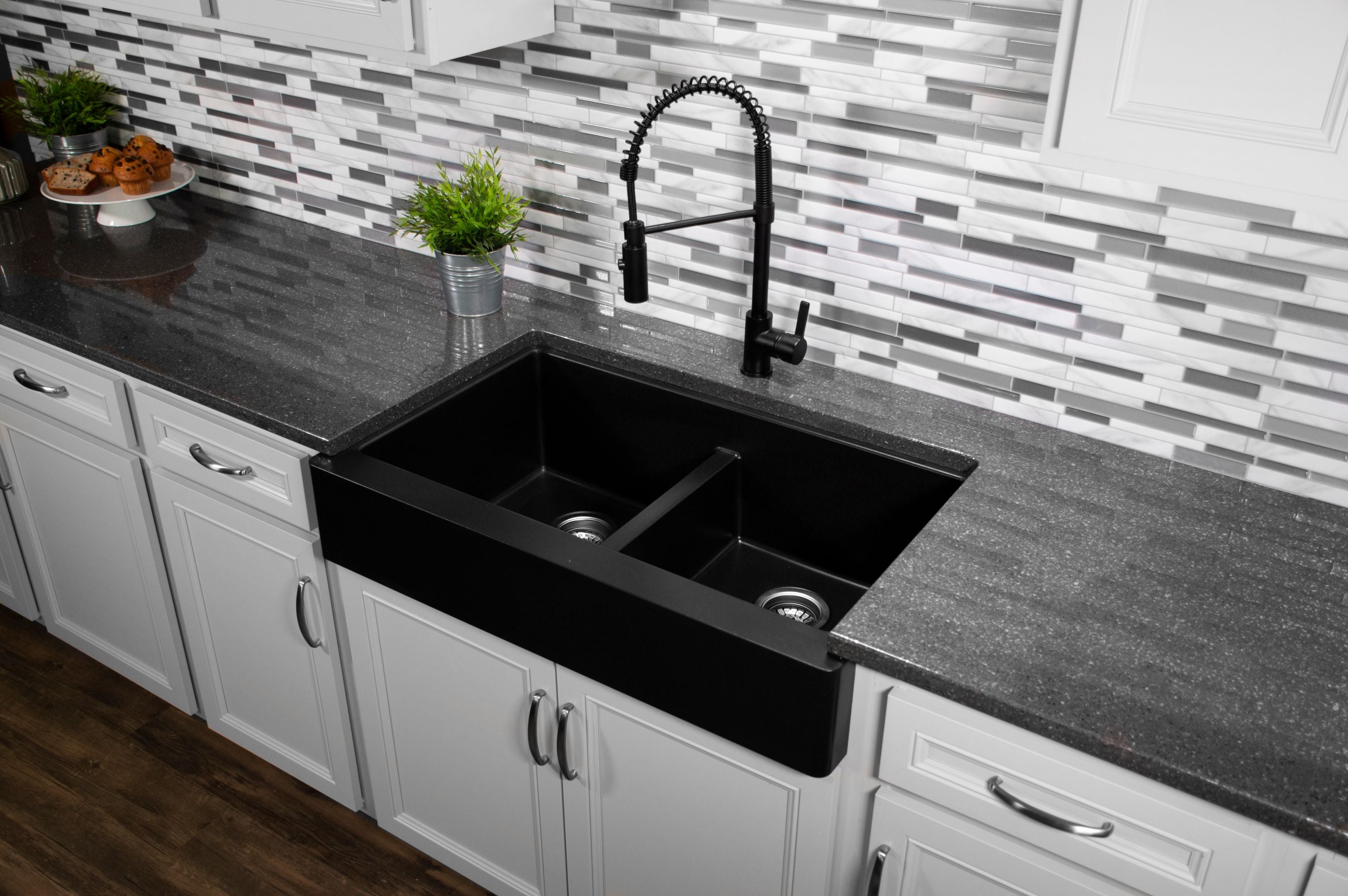 Karran 34" Quartz Composite Retrofit Farmhouse Sink, 50/50 Double Bowl, Black, QAR-750-BL-PK1