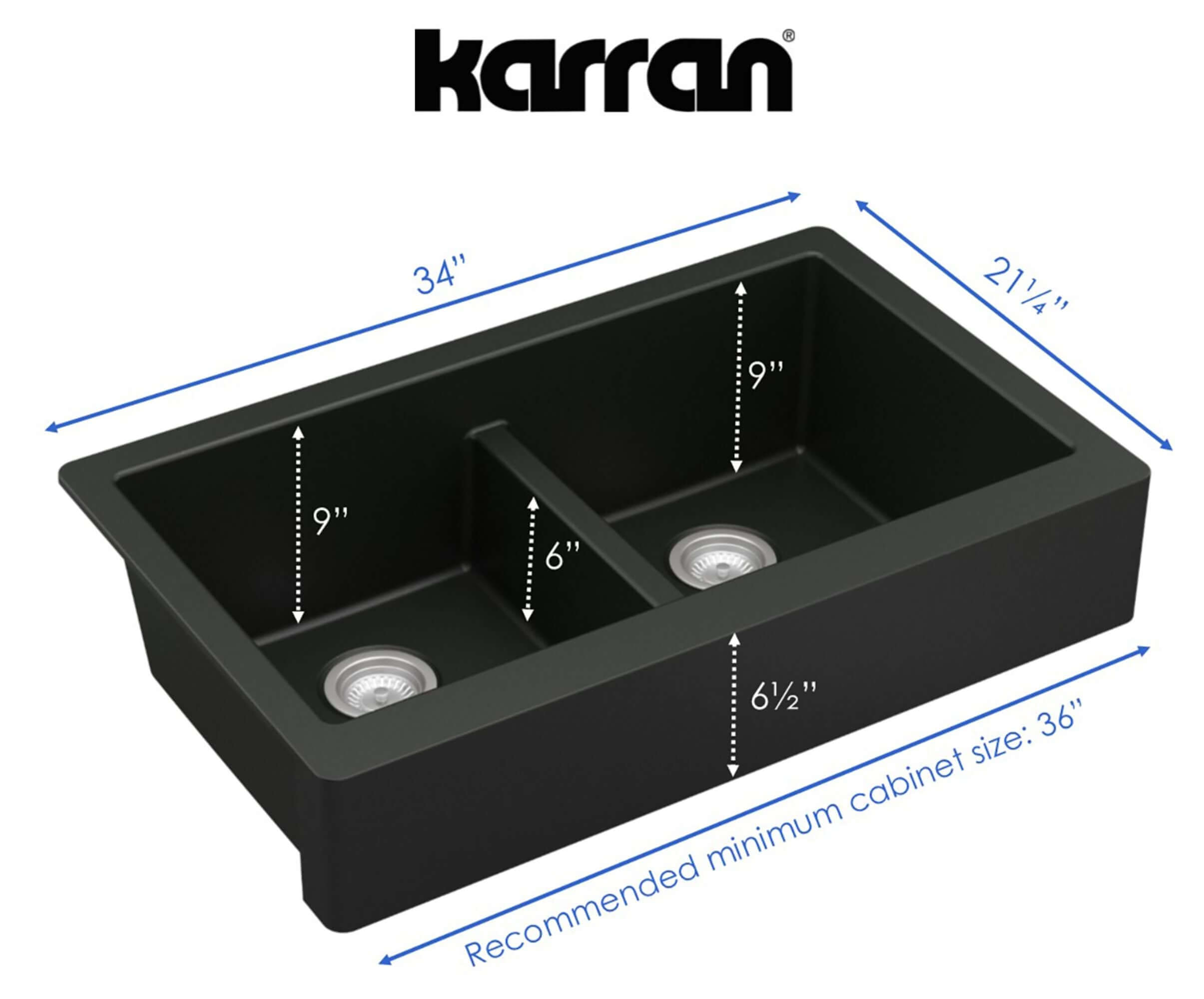 Alternate Image for Karran 34" Quartz Composite Retrofit Farmhouse Sink, 50/50 Double Bowl, Black, QAR-750-BL-PK1