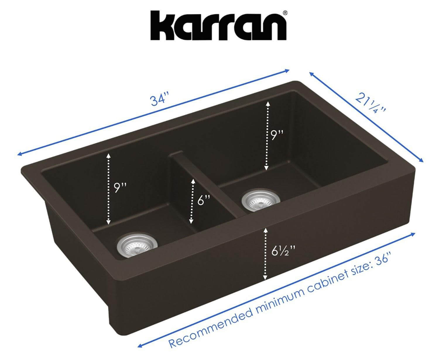 Alternate Image for Karran 34" Quartz Composite Retrofit Farmhouse Sink, 50/50 Double Bowl, Brown, QAR-750-BR