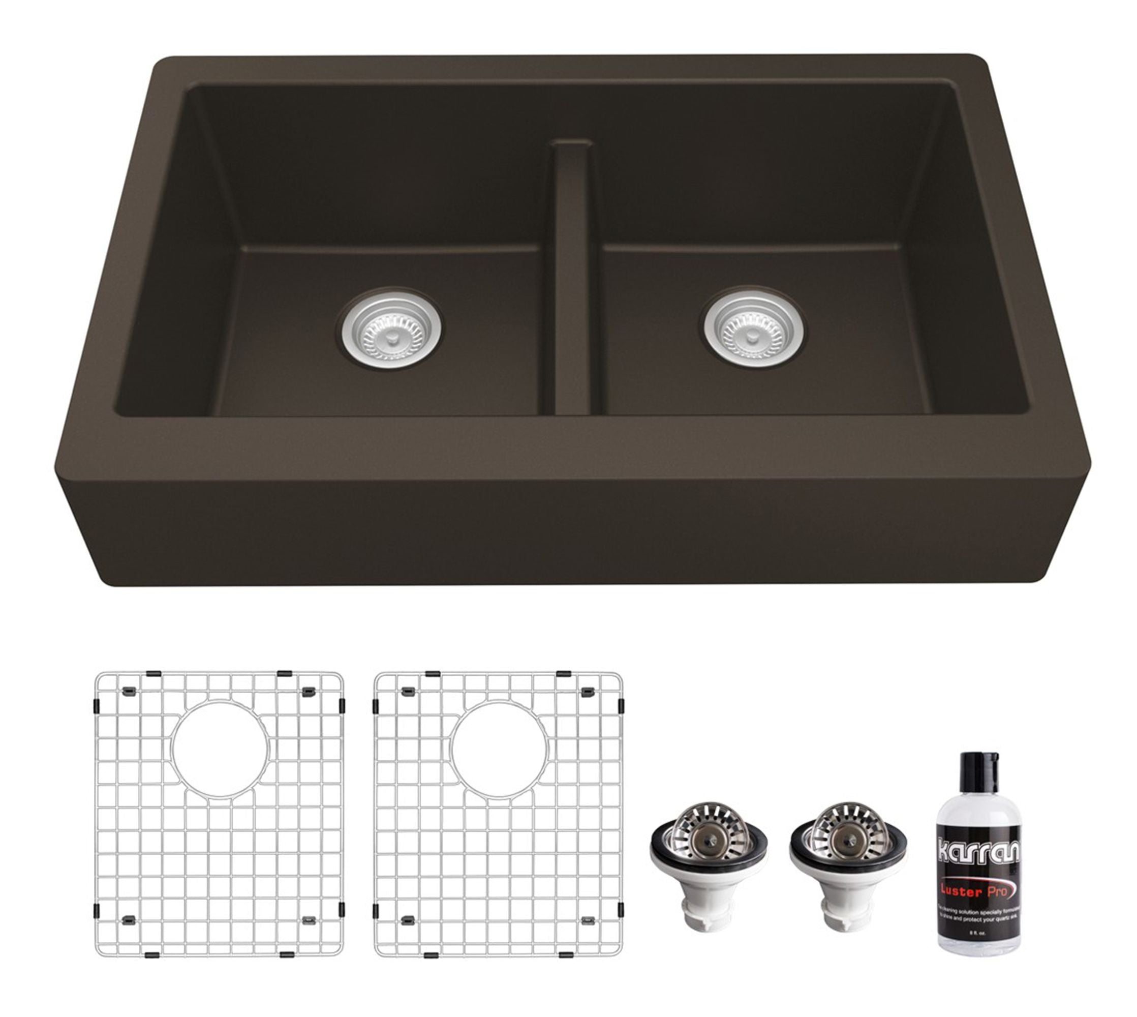Karran 34" Quartz Composite Retrofit Farmhouse Sink, 50/50 Double Bowl, Brown, QAR-750-BR-PK1