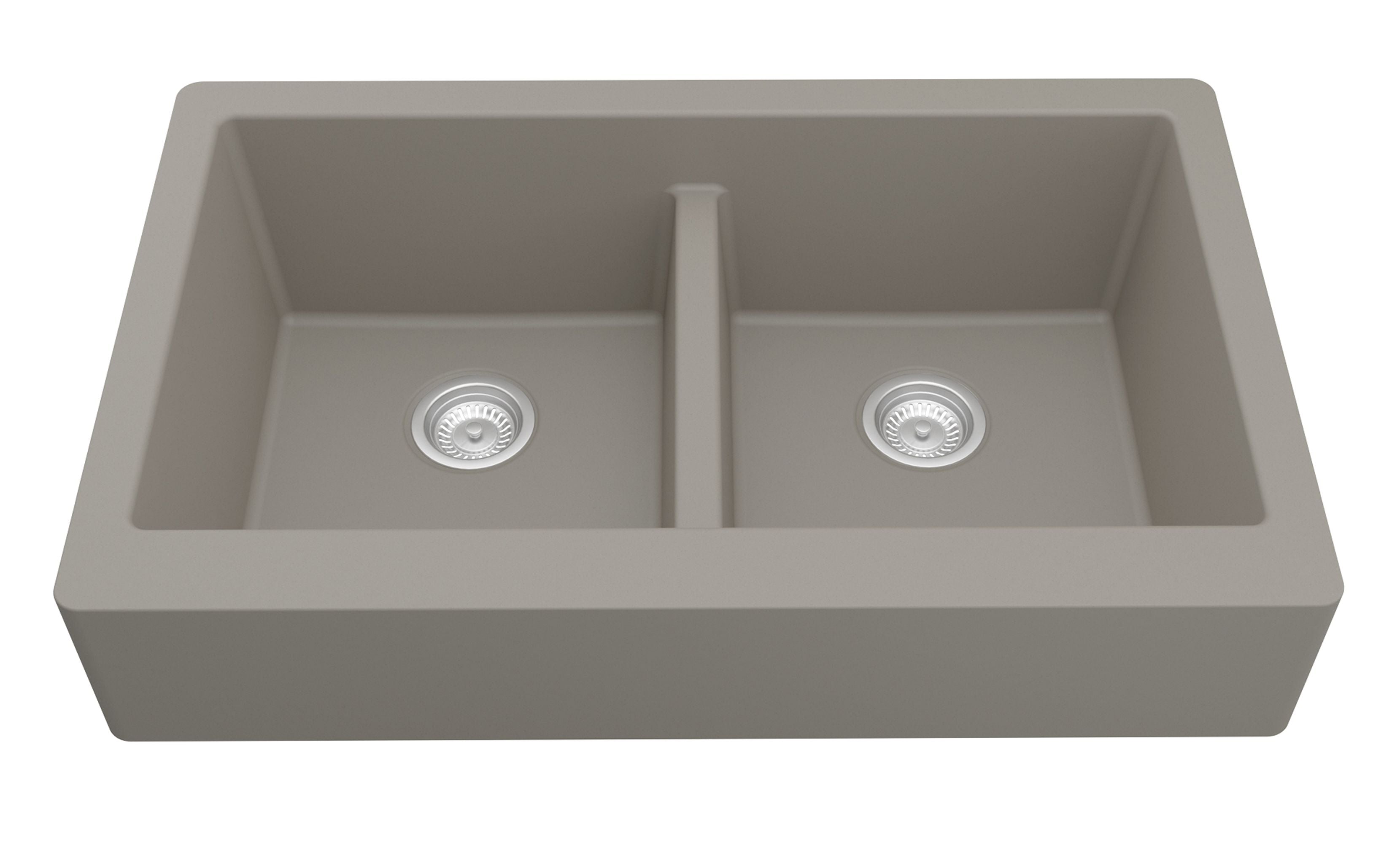 Karran 34" Quartz Composite Retrofit Farmhouse Sink, 50/50 Double Bowl, Concrete, QAR-750-CN-PK1