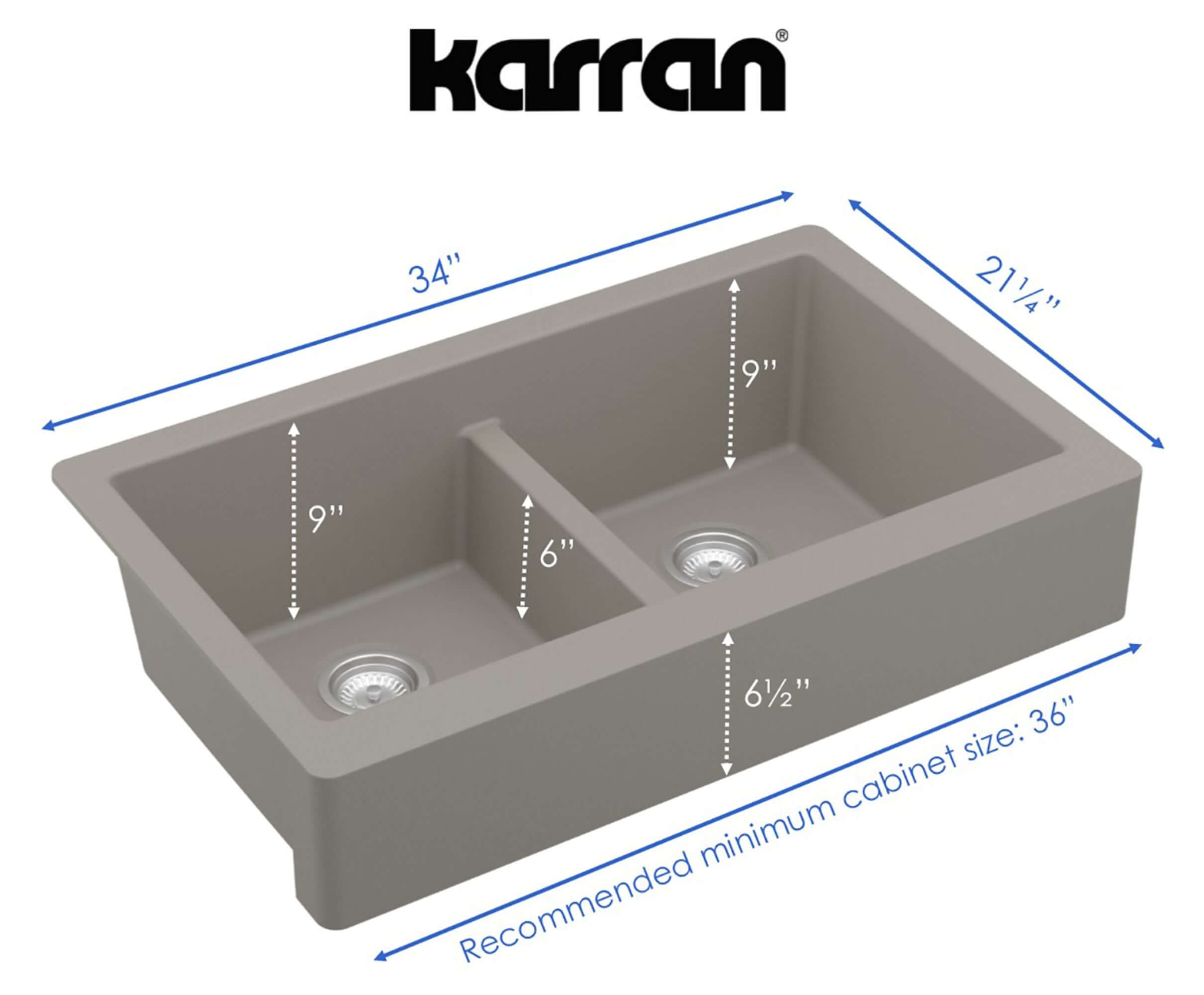 Alternate Image for Karran 34" Quartz Composite Retrofit Farmhouse Sink, 50/50 Double Bowl, Concrete, QAR-750-CN-PK1