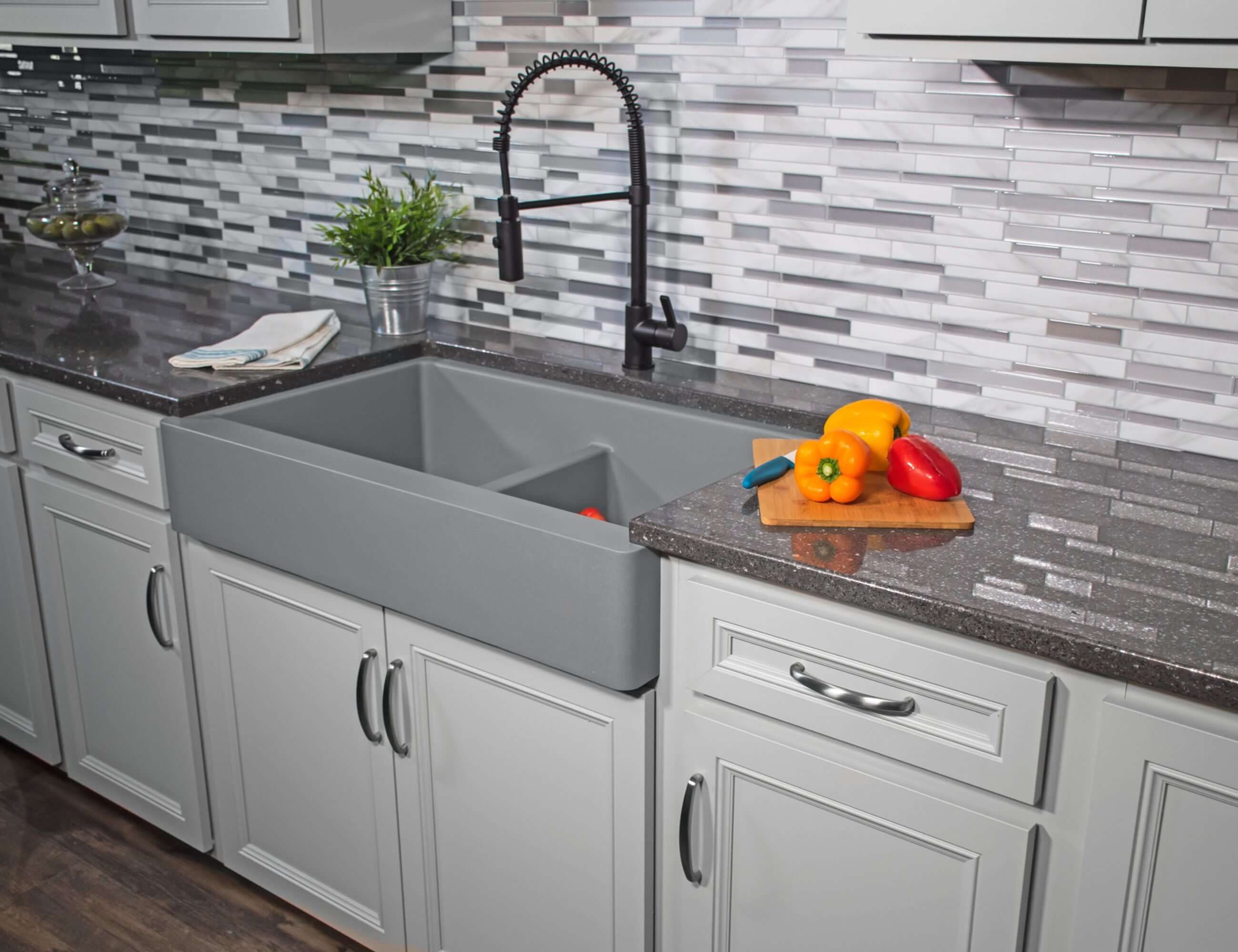 Alternate Image for Karran 34" Quartz Composite Retrofit Farmhouse Sink, 50/50 Double Bowl, Grey, QAR-750-GR-PK1