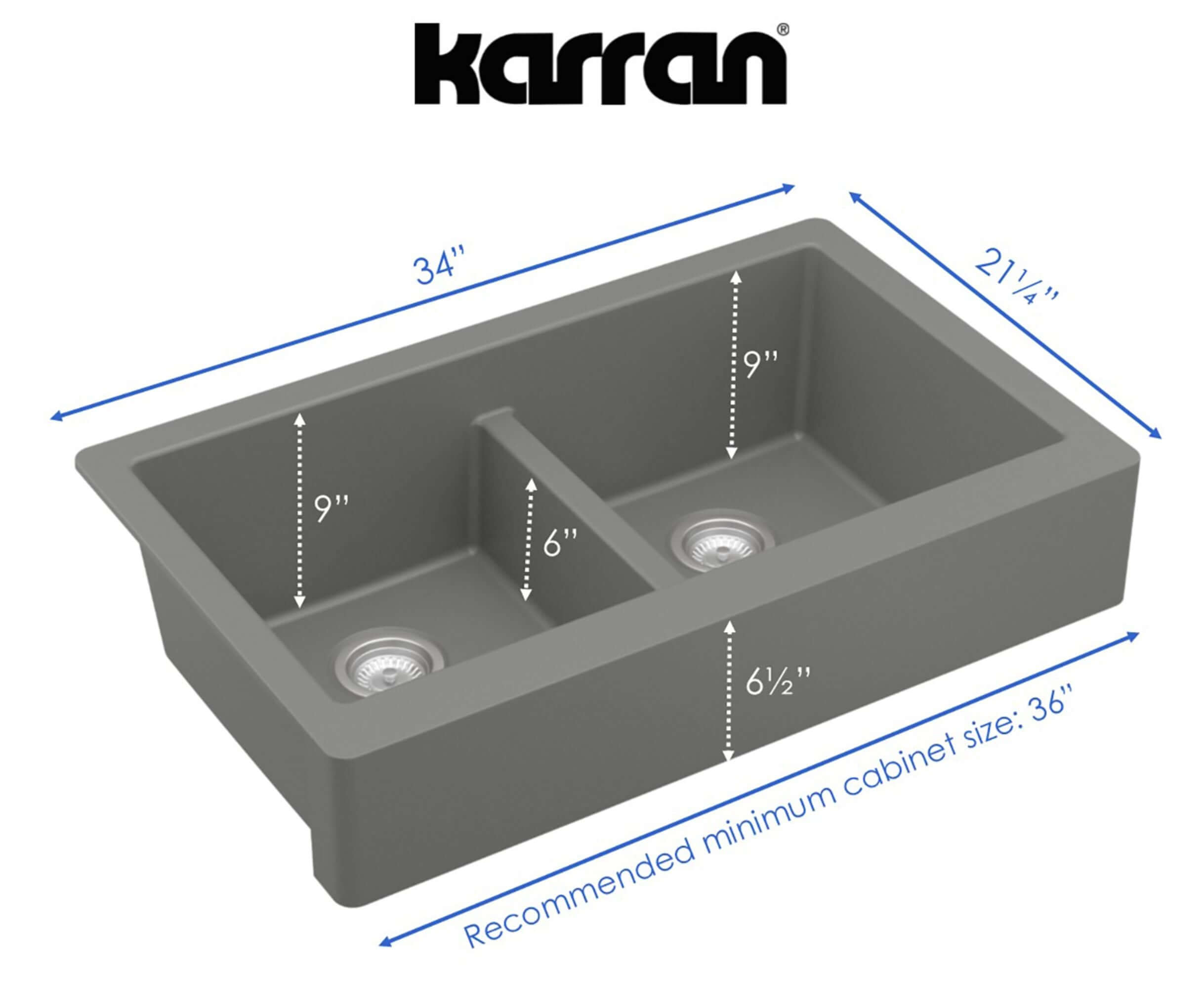 Alternate Image for Karran 34" Quartz Composite Retrofit Farmhouse Sink, 50/50 Double Bowl, Grey, QAR-750-GR-PK1