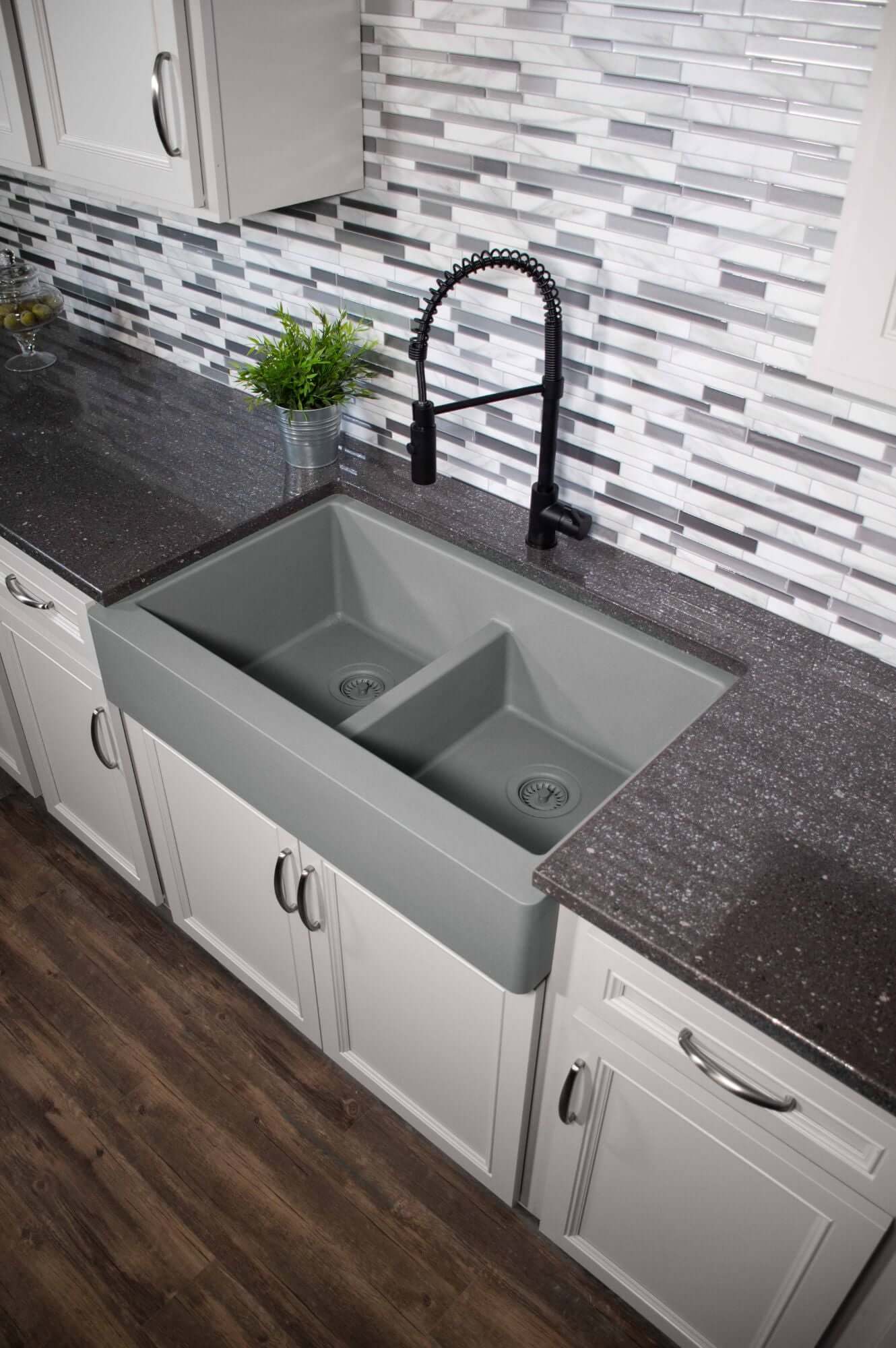 Alternate Image for Karran 34" Quartz Composite Retrofit Farmhouse Sink, 50/50 Double Bowl, Grey, QAR-750-GR-PK1