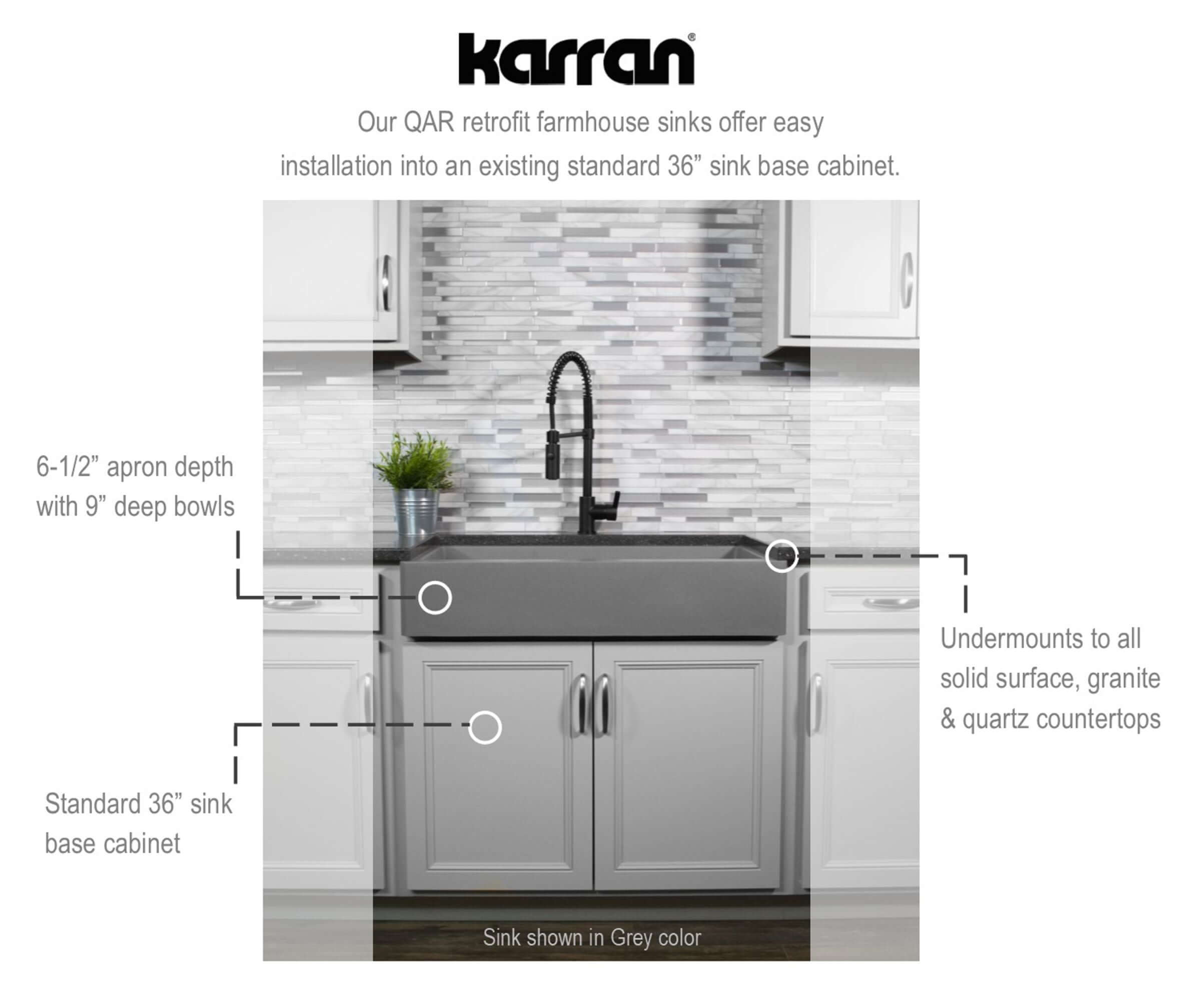 Alternate Image for Karran 34" Quartz Composite Retrofit Farmhouse Sink, 50/50 Double Bowl, White, QAR-750-WH-PK1