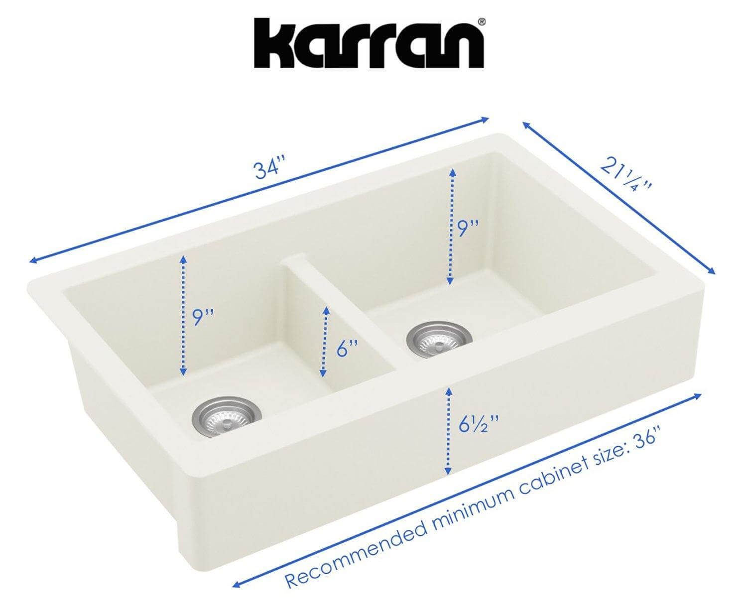 Alternate Image for Karran 34" Quartz Composite Retrofit Farmhouse Sink, 50/50 Double Bowl, White, QAR-750-WH