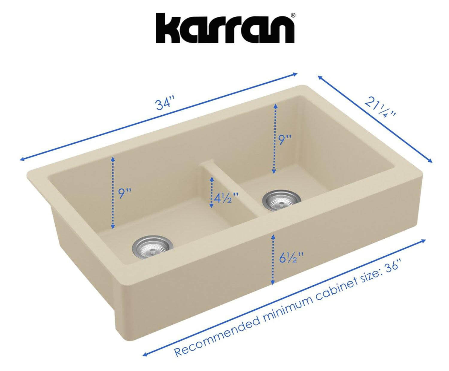 Alternate Image for Karran 34" Quartz Composite Retrofit Farmhouse Sink, 60/40 Double Bowl, Bisque, QAR-760-BI