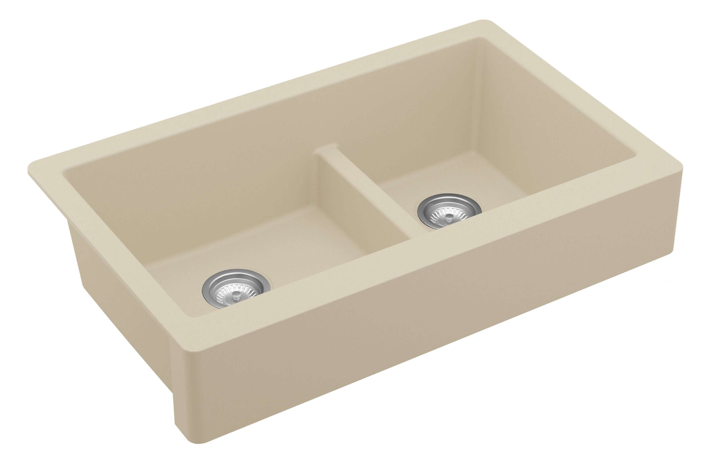 Alternate Image for Karran 34" Quartz Composite Retrofit Farmhouse Sink, 60/40 Double Bowl, Bisque, QAR-760-BI-PK1