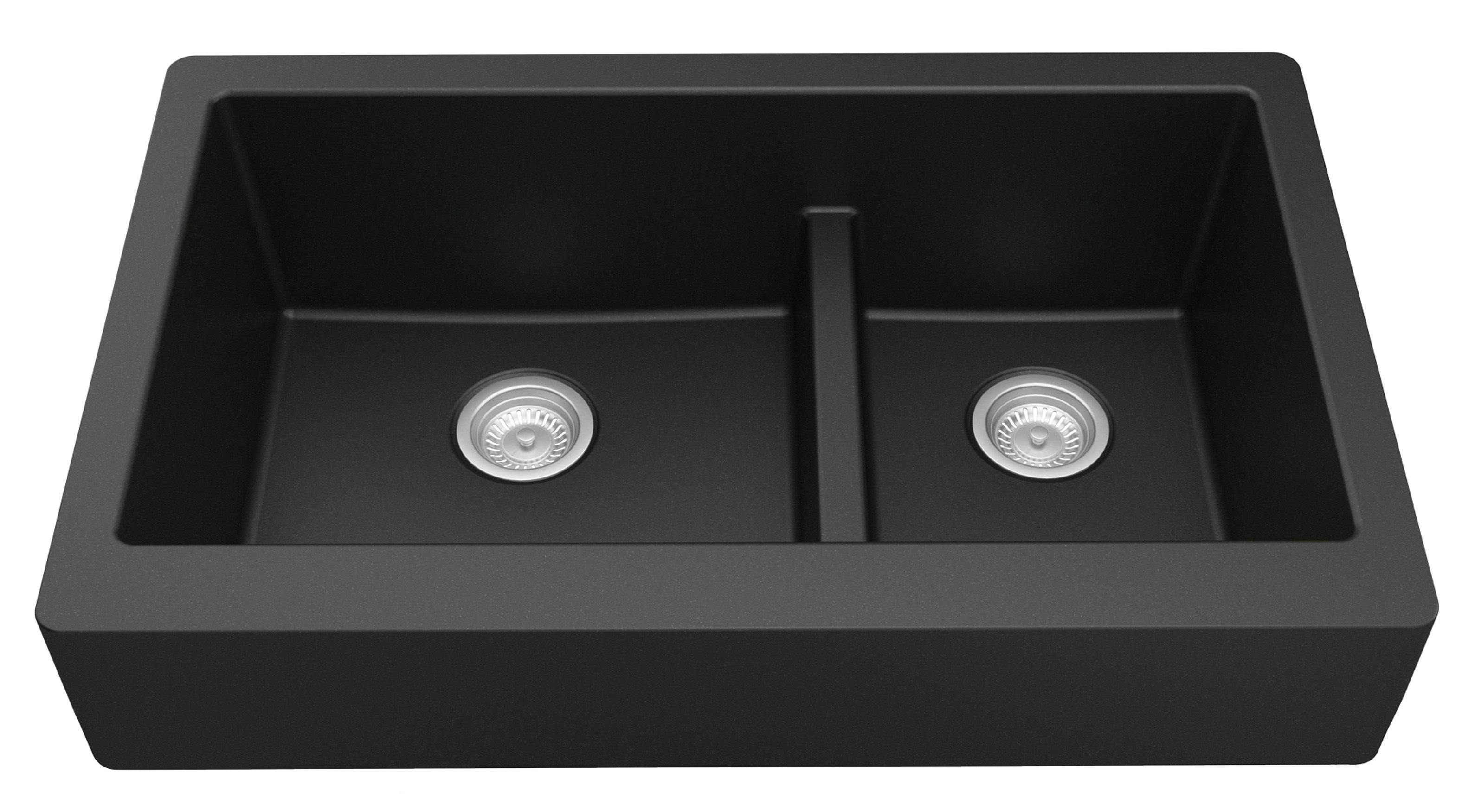 Karran 34" Quartz Composite Retrofit Farmhouse Sink, 60/40 Double Bowl, Black, QAR-760-BL