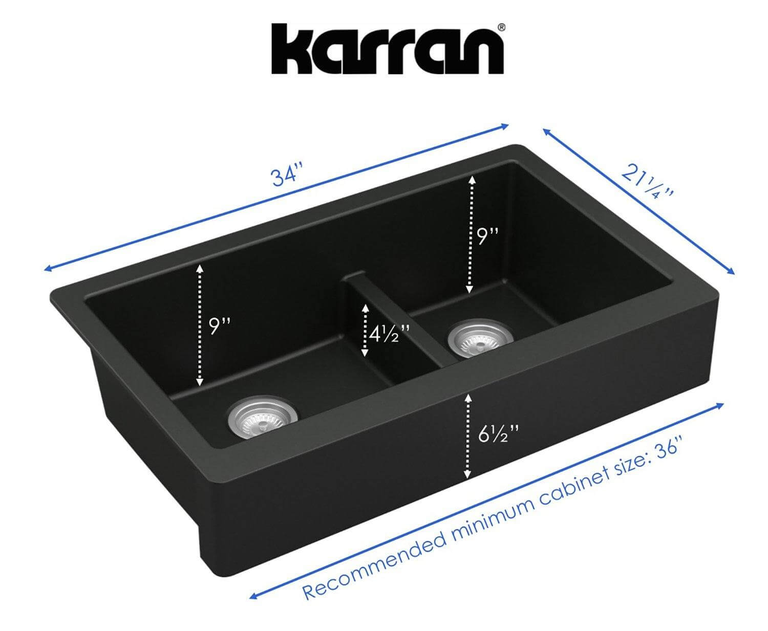Alternate Image for Karran 34" Quartz Composite Retrofit Farmhouse Sink, 60/40 Double Bowl, Black, QAR-760-BL