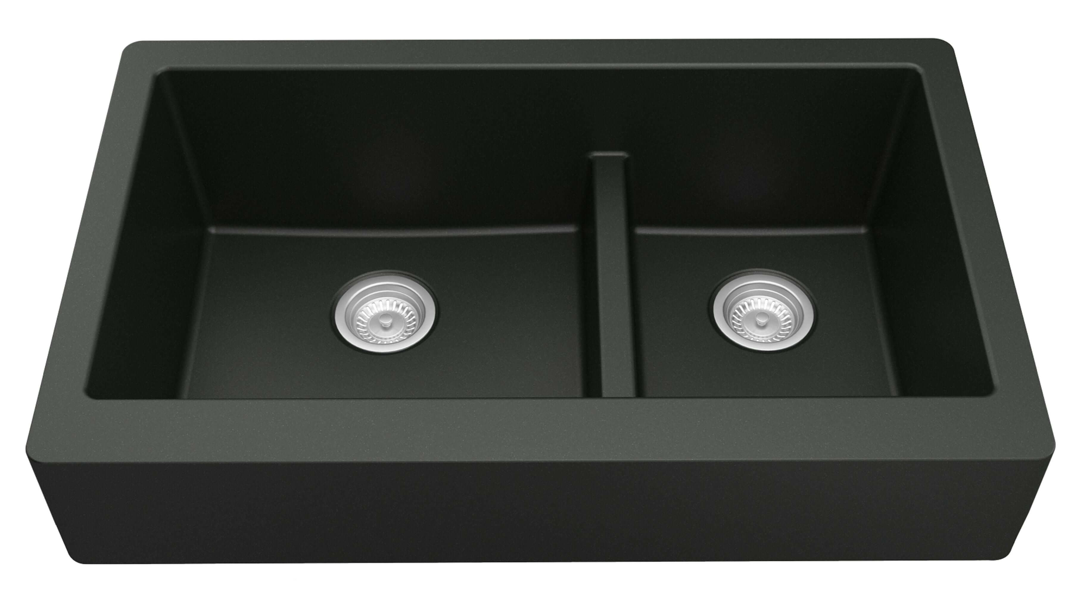 Alternate Image for Karran 34" Quartz Composite Retrofit Farmhouse Sink, 60/40 Double Bowl, Black, QAR-760-BL-PK1