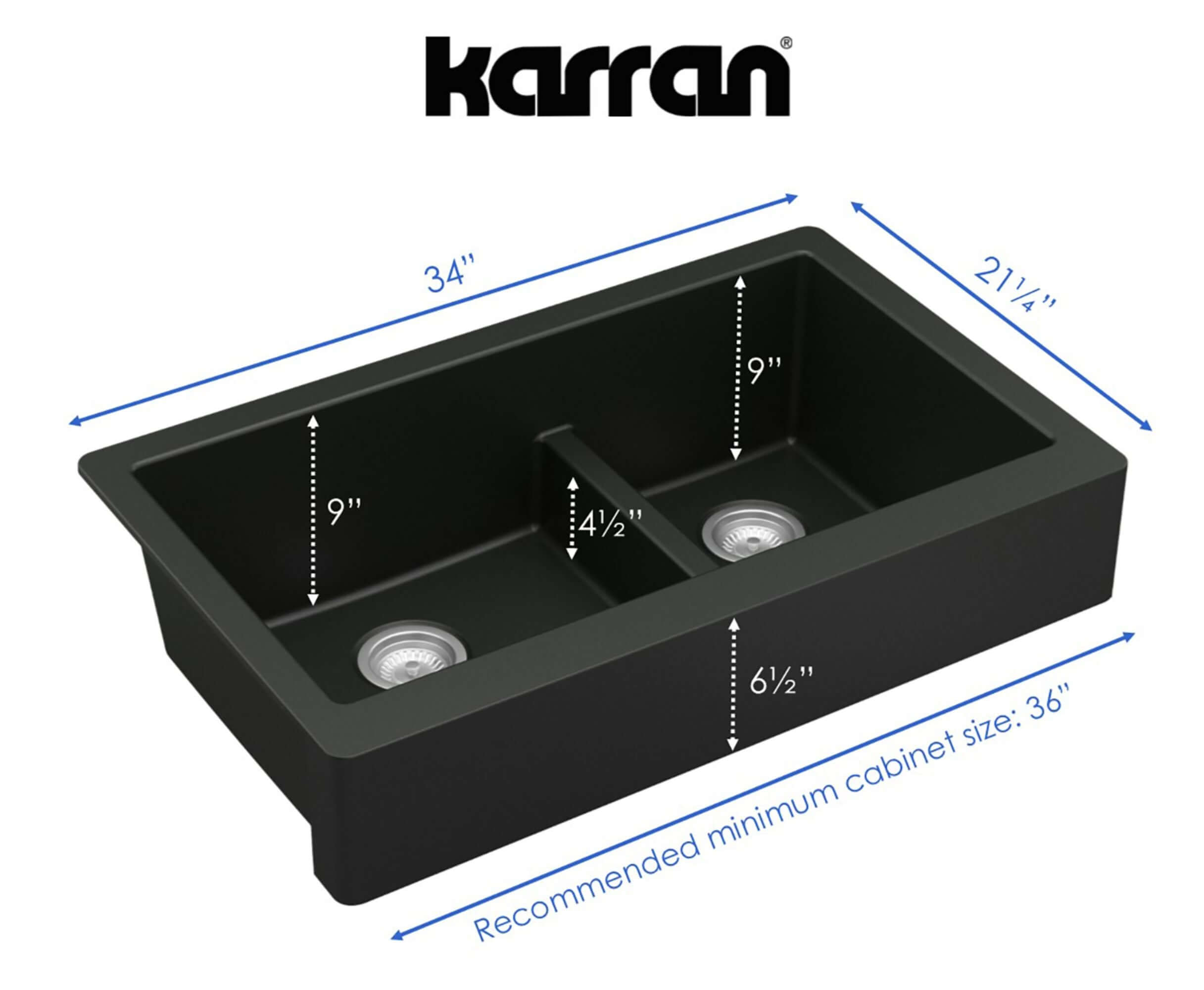Alternate Image for Karran 34" Quartz Composite Retrofit Farmhouse Sink, 60/40 Double Bowl, Black, QAR-760-BL-PK1