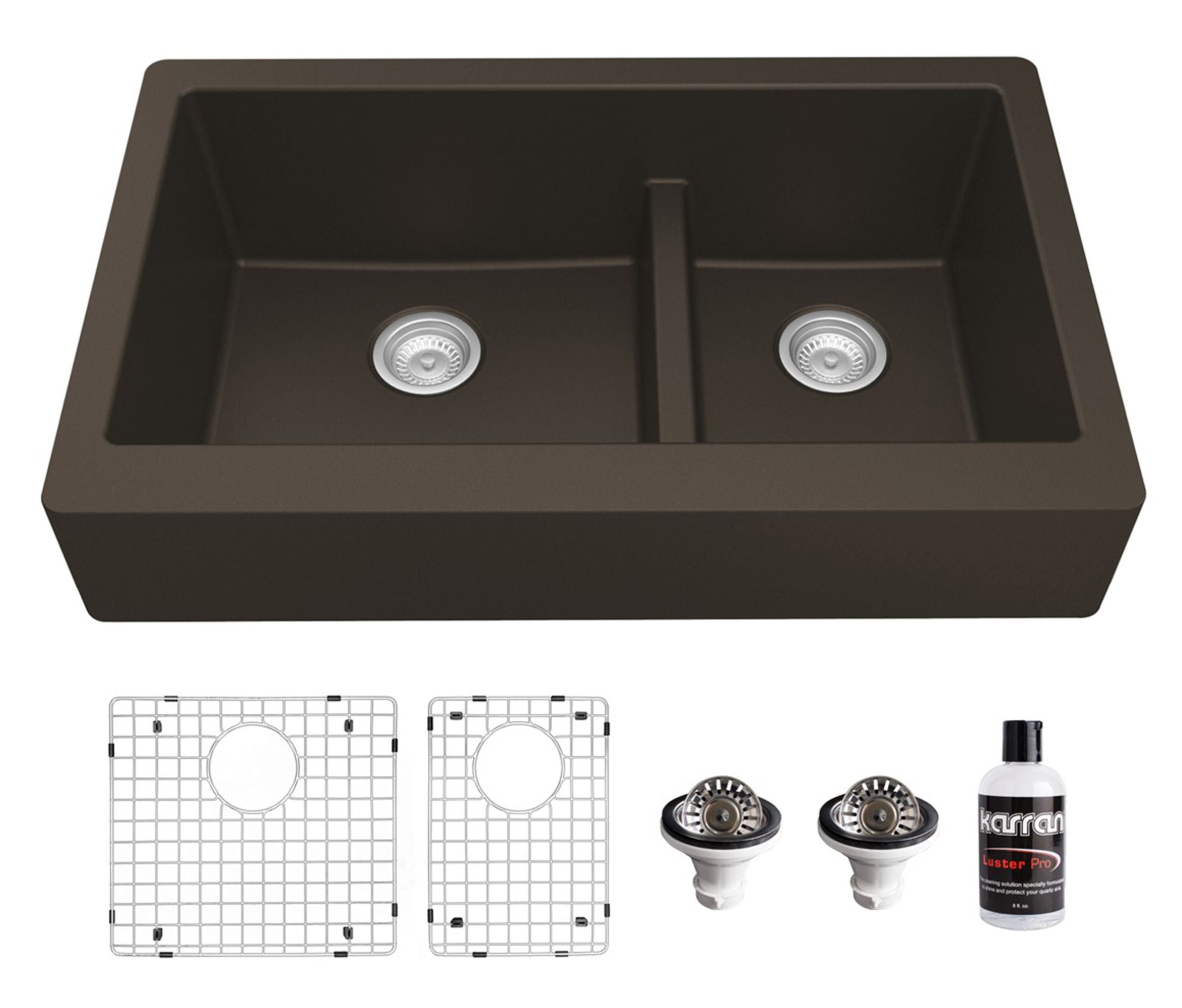 Karran 34" Quartz Composite Retrofit Farmhouse Sink, 60/40 Double Bowl, Brown, QAR-760-BR-PK1