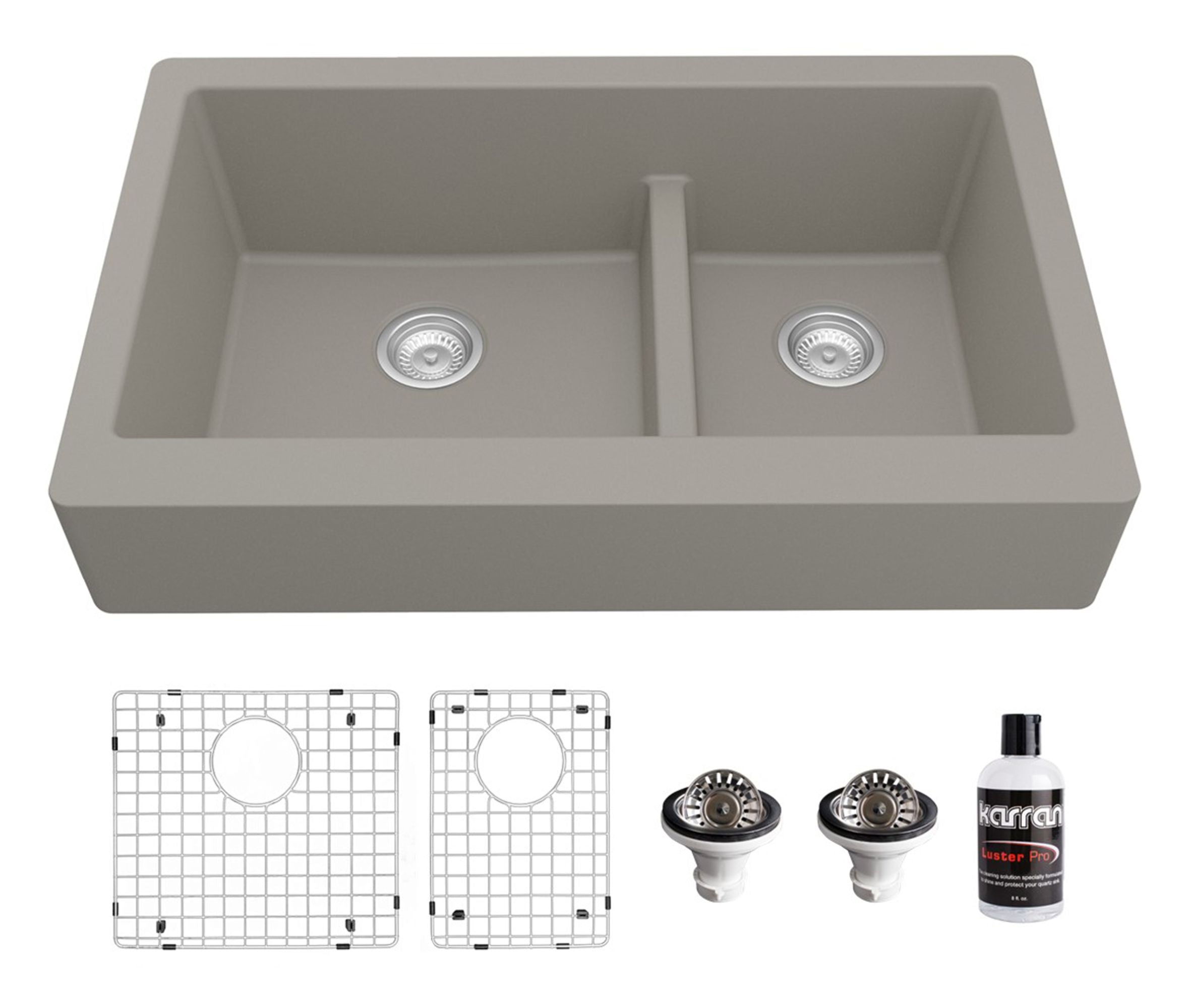 Karran 34" Quartz Composite Retrofit Farmhouse Sink, 60/40 Double Bowl, Concrete, QAR-760-CN-PK1