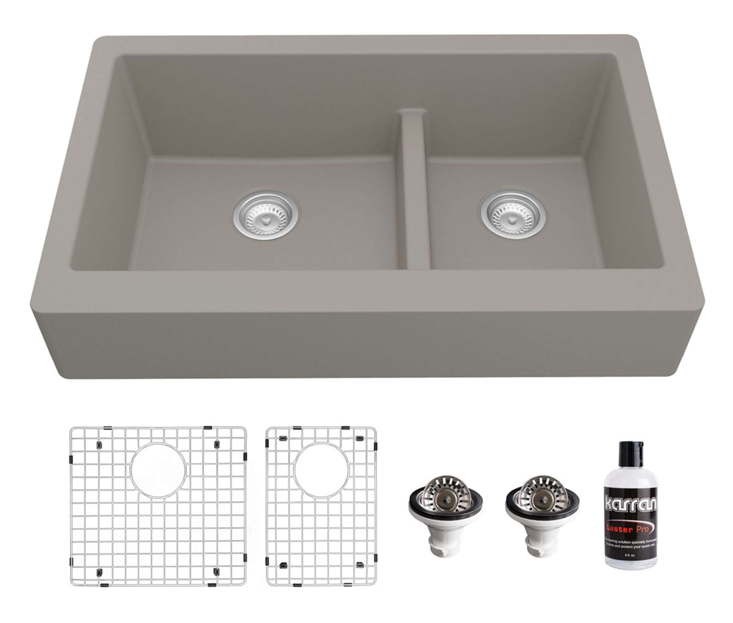 Alternate Image for Karran 34" Quartz Composite Retrofit Farmhouse Sink, 60/40 Double Bowl, Concrete, QAR-760-CN-PK1