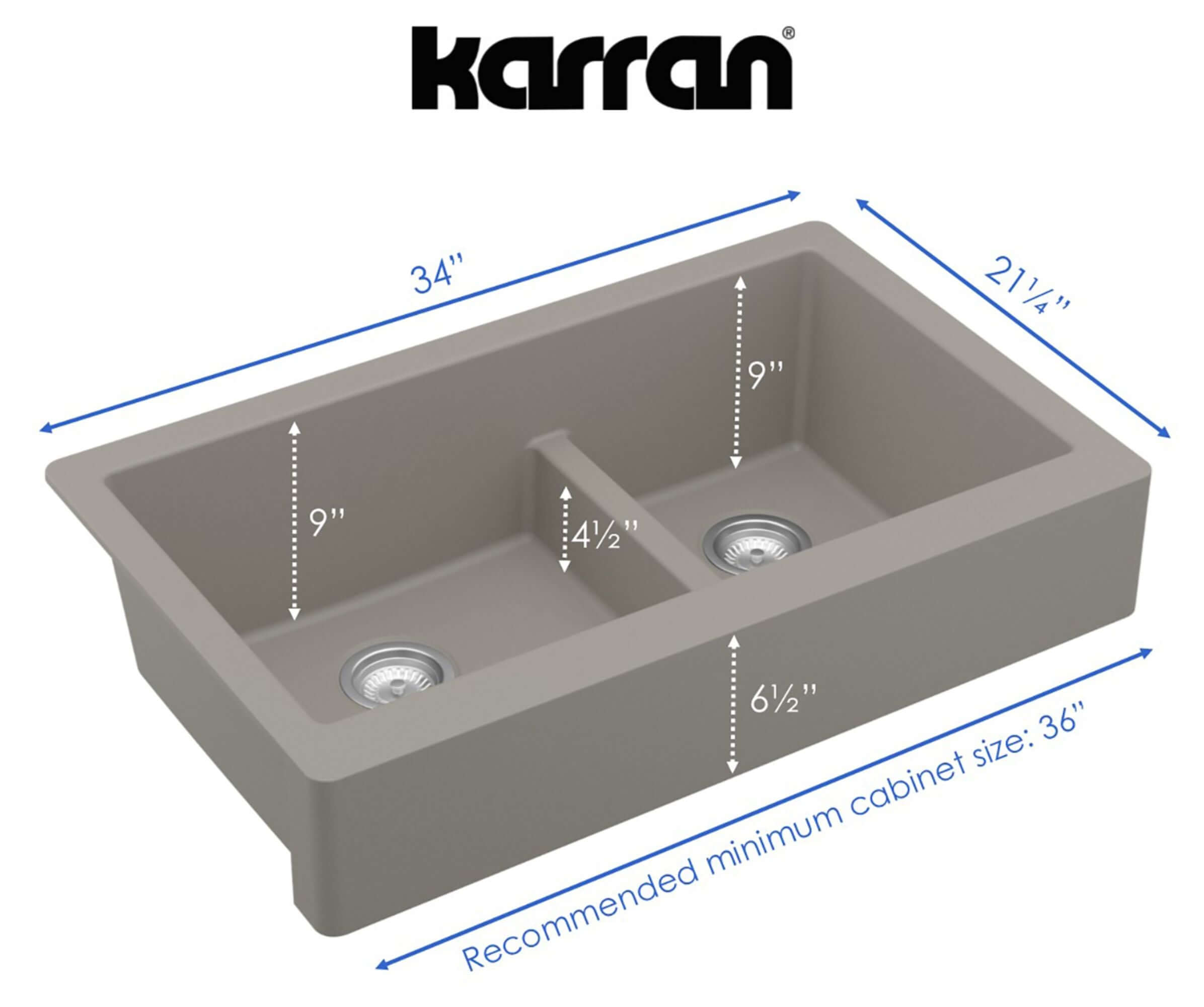 Alternate Image for Karran 34" Quartz Composite Retrofit Farmhouse Sink, 60/40 Double Bowl, Concrete, QAR-760-CN-PK1
