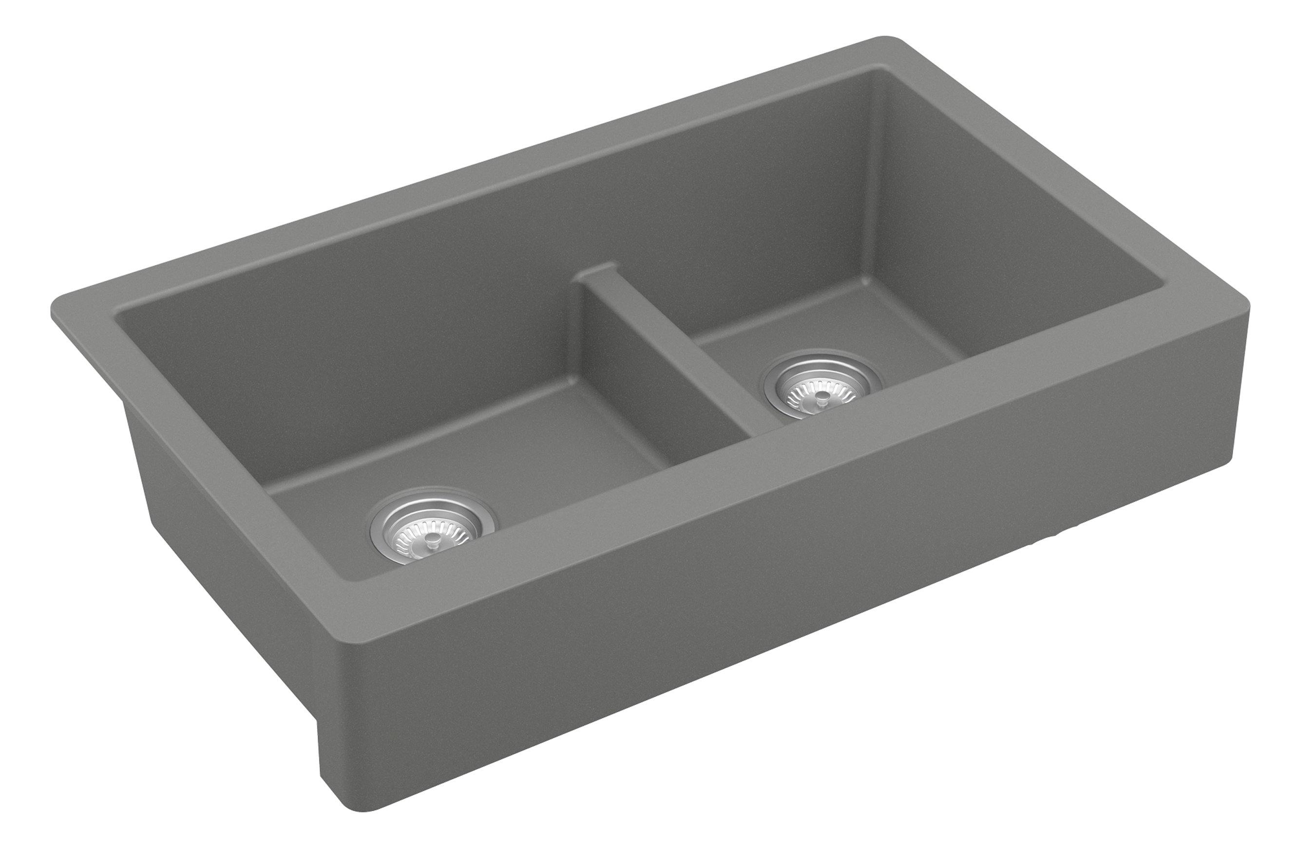 Karran 34" Quartz Composite Retrofit Farmhouse Sink, 60/40 Double Bowl, Grey, QAR-760-GR
