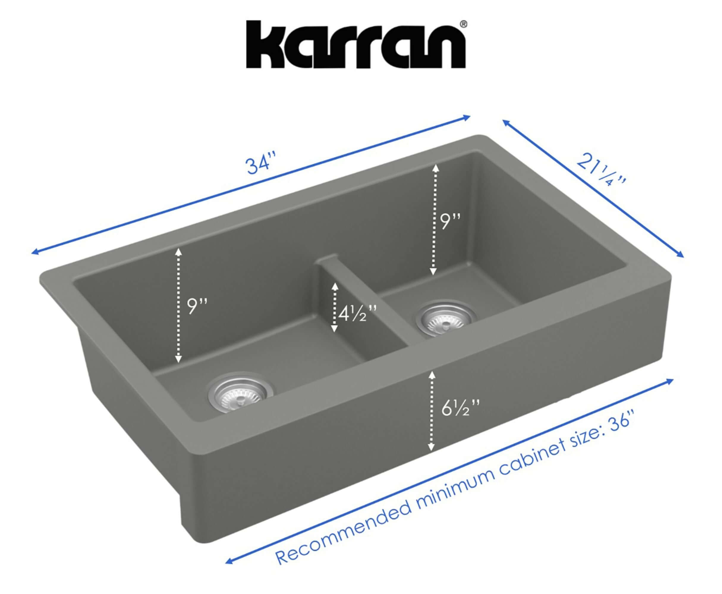 Alternate Image for Karran 34" Quartz Composite Retrofit Farmhouse Sink, 60/40 Double Bowl, Grey, QAR-760-GR-PK1