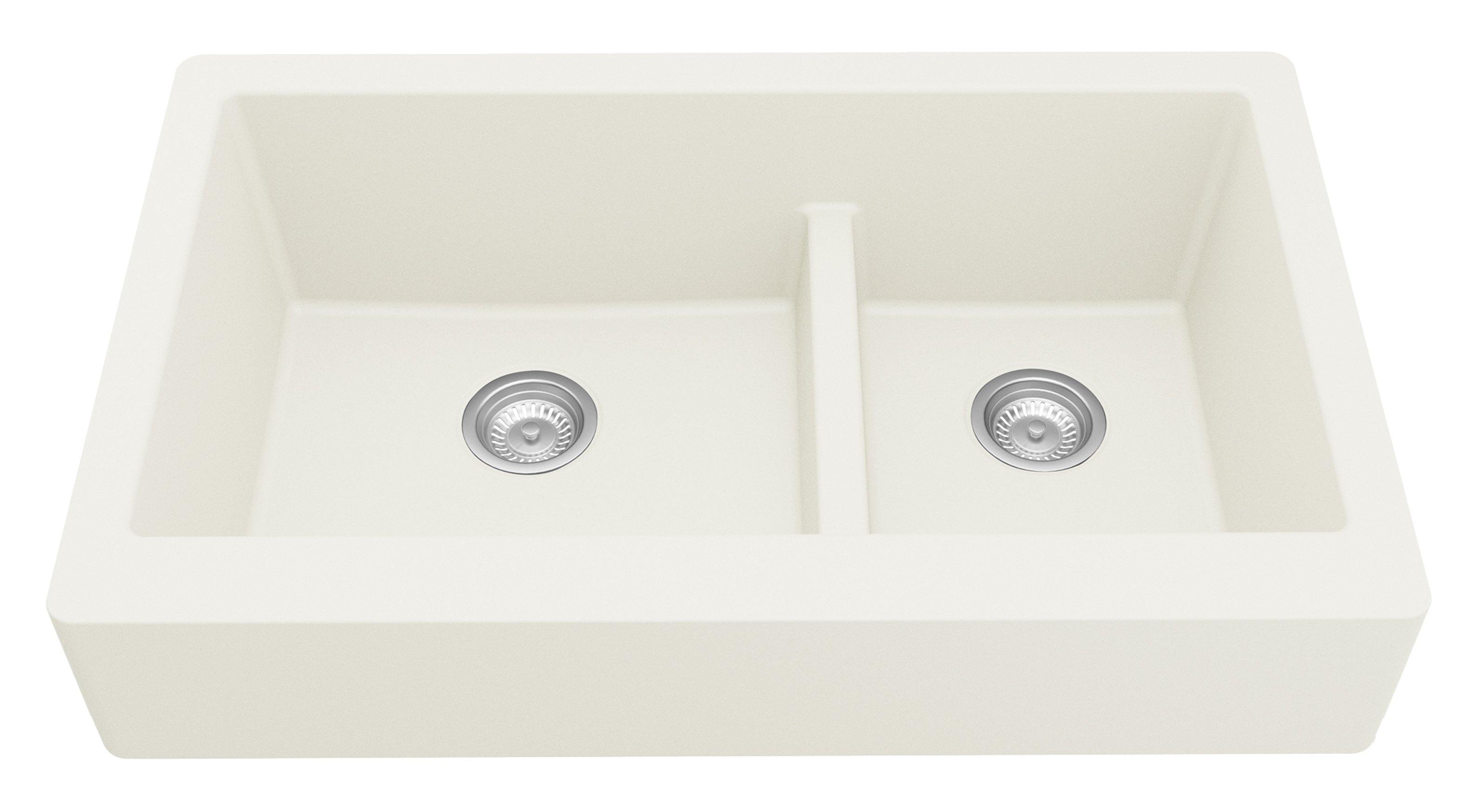 Karran 34" Quartz Composite Retrofit Farmhouse Sink, 60/40 Double Bowl, White, QAR-760-WH