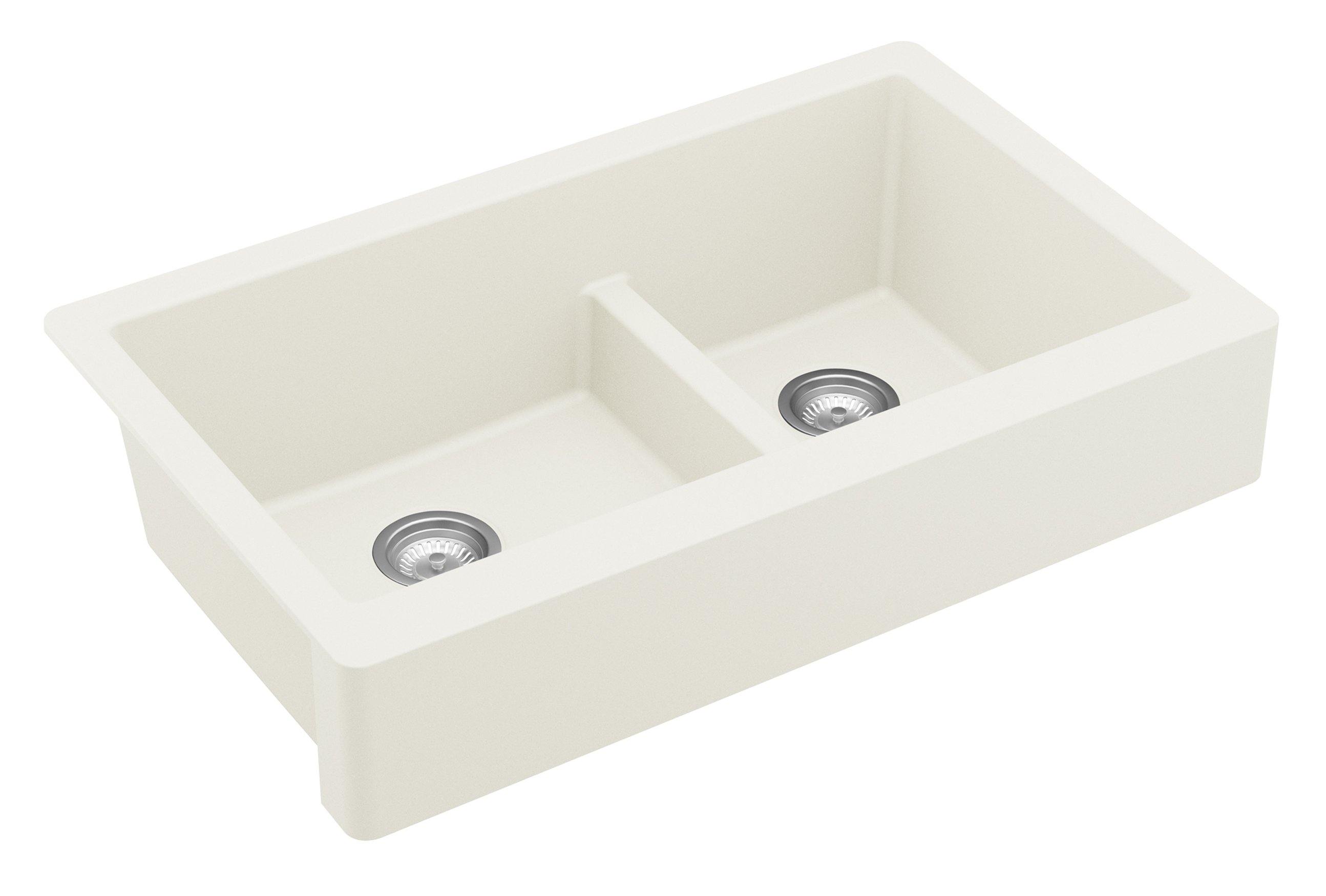 Karran 34" Quartz Composite Retrofit Farmhouse Sink, 60/40 Double Bowl, White, QAR-760-WH