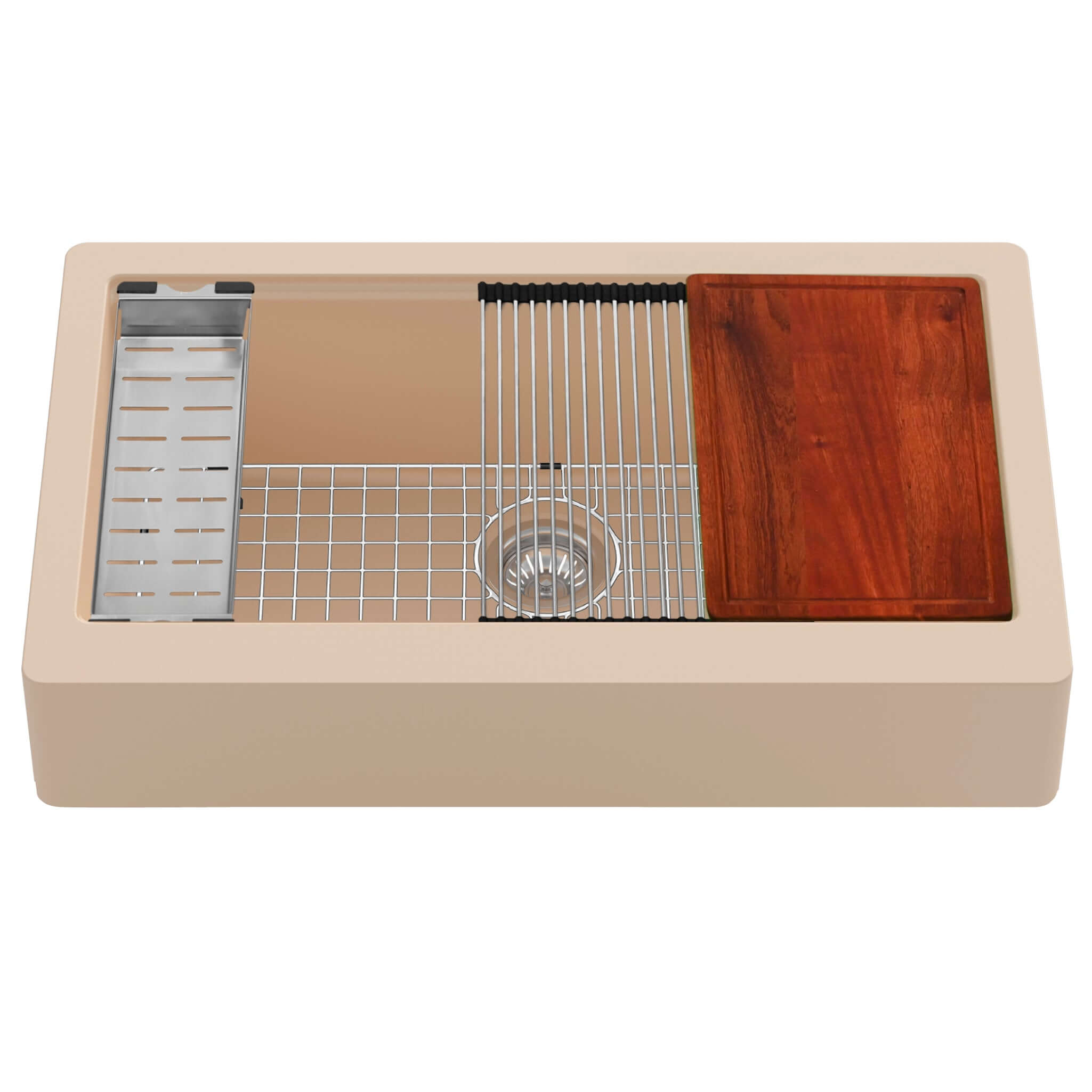 Alternate Image for Karran 34" Quartz Composite Retrofit Workstation Farmhouse Sink with Accessories, Bisque, QARWS-740-BI