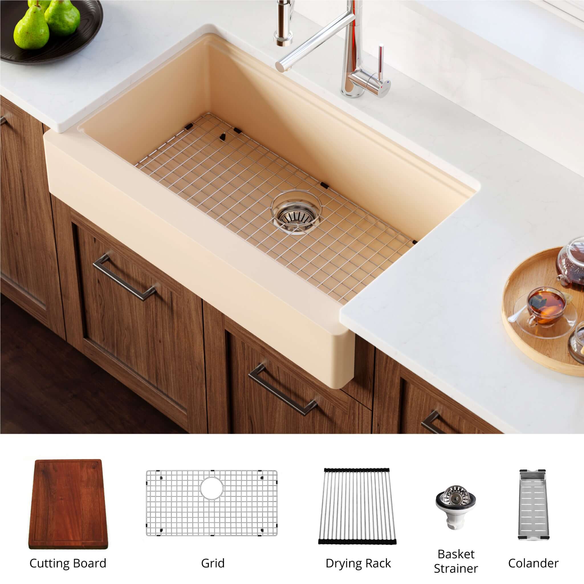 Alternate Image for Karran 34" Quartz Composite Retrofit Workstation Farmhouse Sink with Accessories, Bisque, QARWS-740-BI