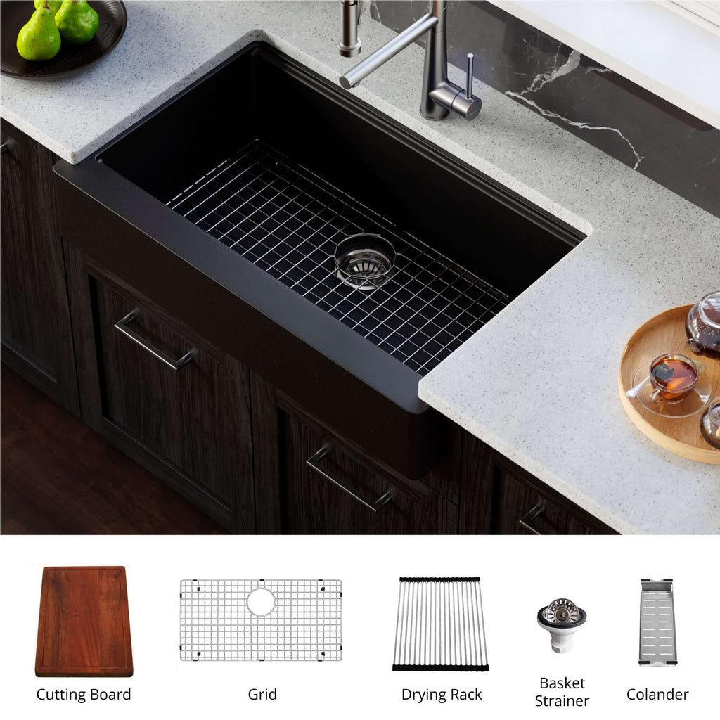 Karran 34" Quartz Composite Retrofit Workstation Farmhouse Sink with Accessories, Black, QARWS-740-BL