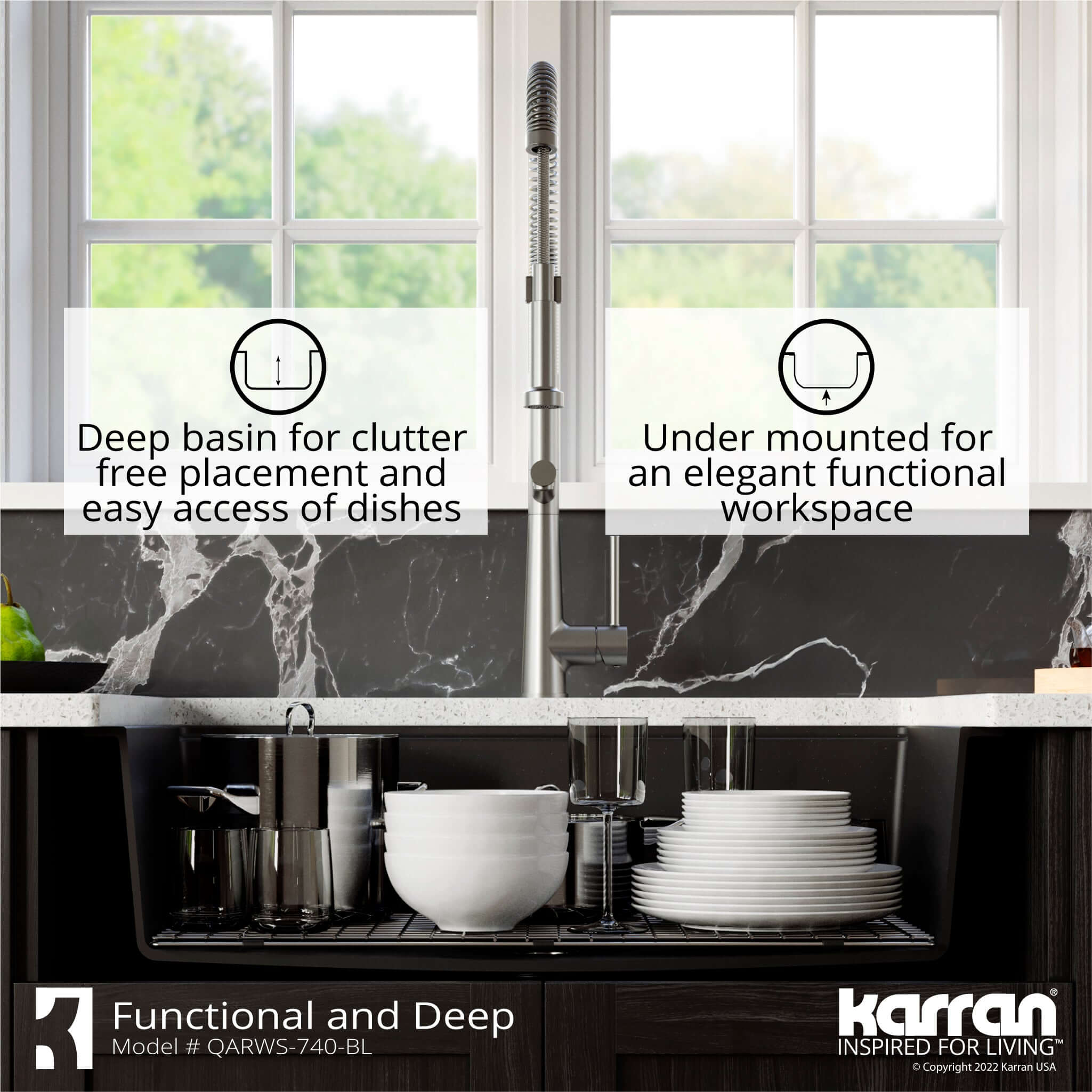 Alternate Image for Karran 34" Quartz Composite Retrofit Workstation Farmhouse Sink with Accessories, Black, QARWS-740-BL