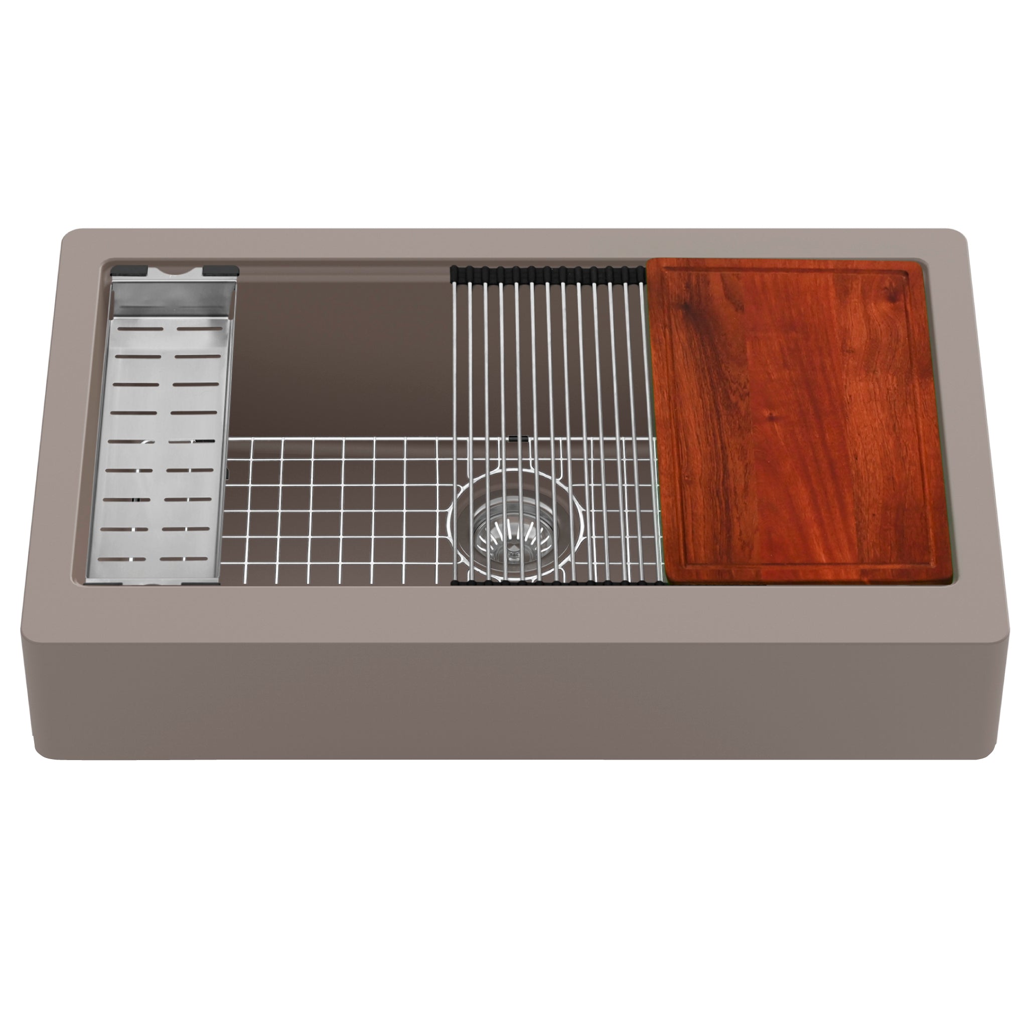 Karran 34" Quartz Composite Retrofit Workstation Farmhouse Sink with Accessories, Concrete, QARWS-740-CN