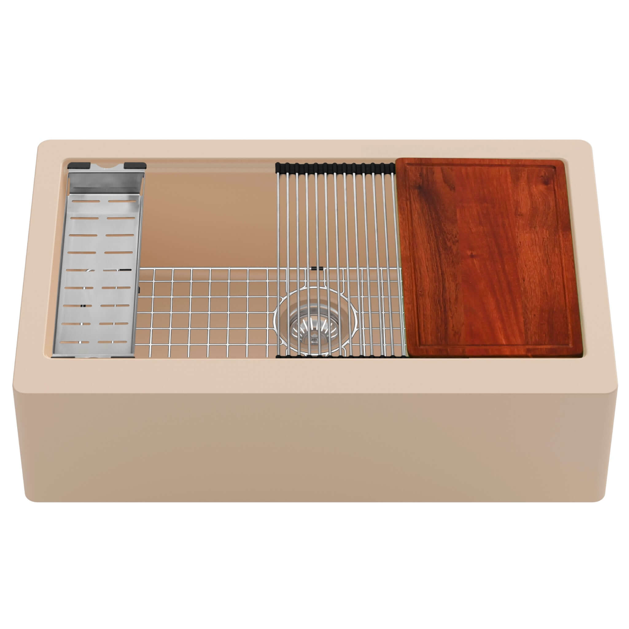 Alternate Image for Karran 34" Quartz Composite Workstation Farmhouse Sink with Accessories, Bisque, QAWS-740-BI