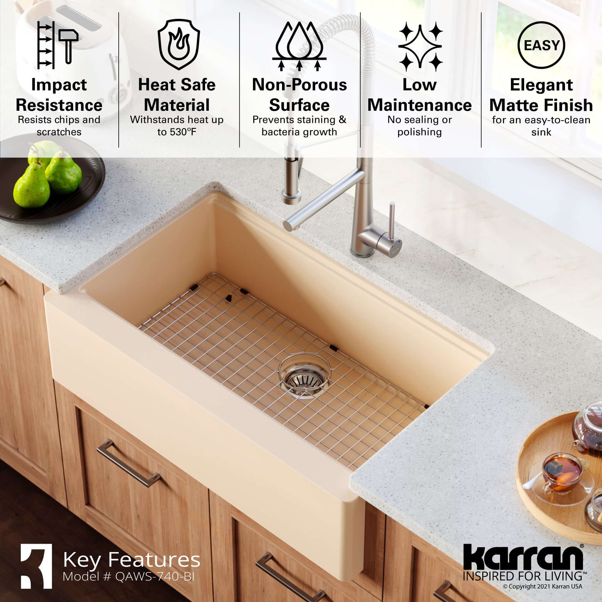 Alternate Image for Karran 34" Quartz Composite Workstation Farmhouse Sink with Accessories, Bisque, QAWS-740-BI
