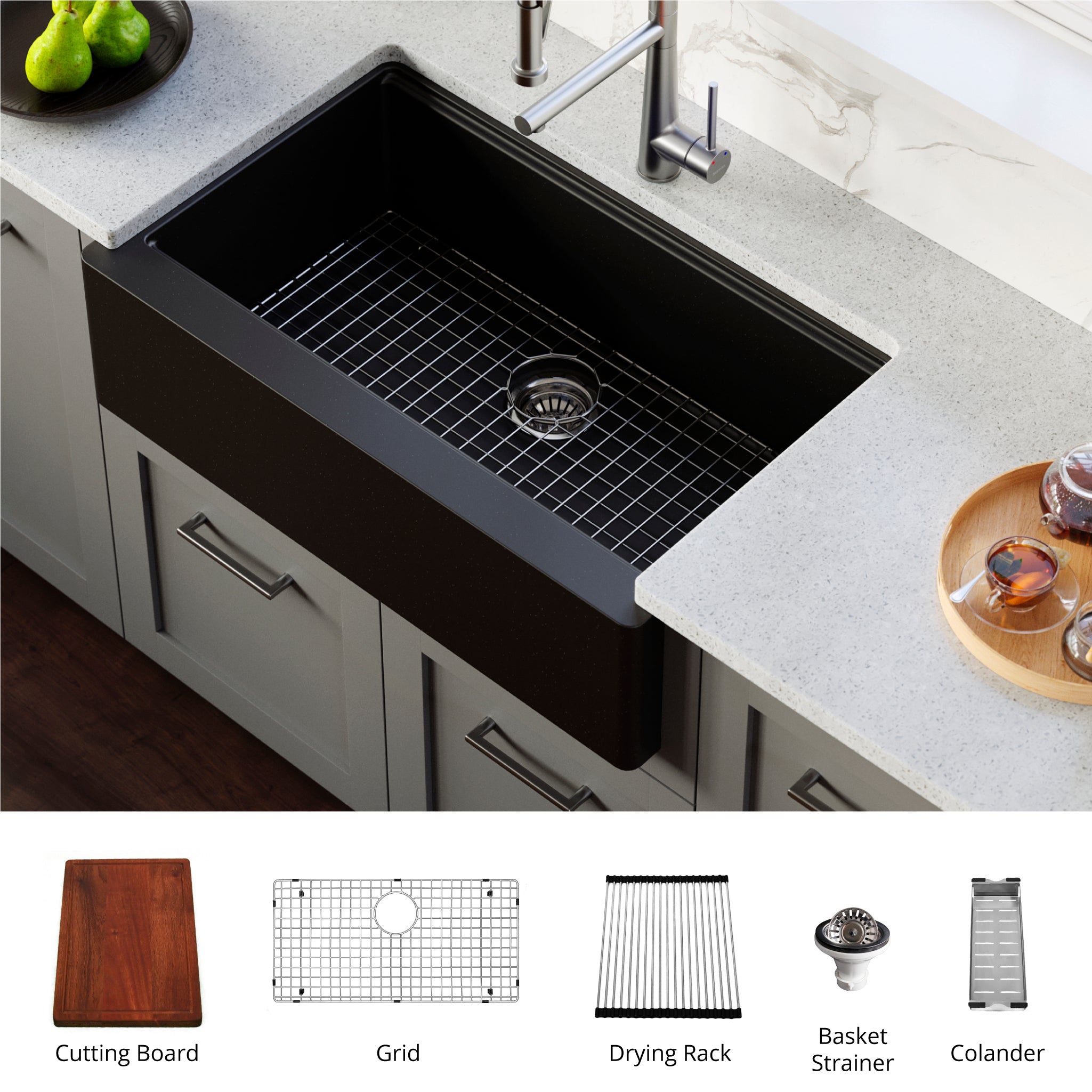 Karran 34" Quartz Composite Workstation Farmhouse Sink with Accessories, Black, QAWS-740-BL
