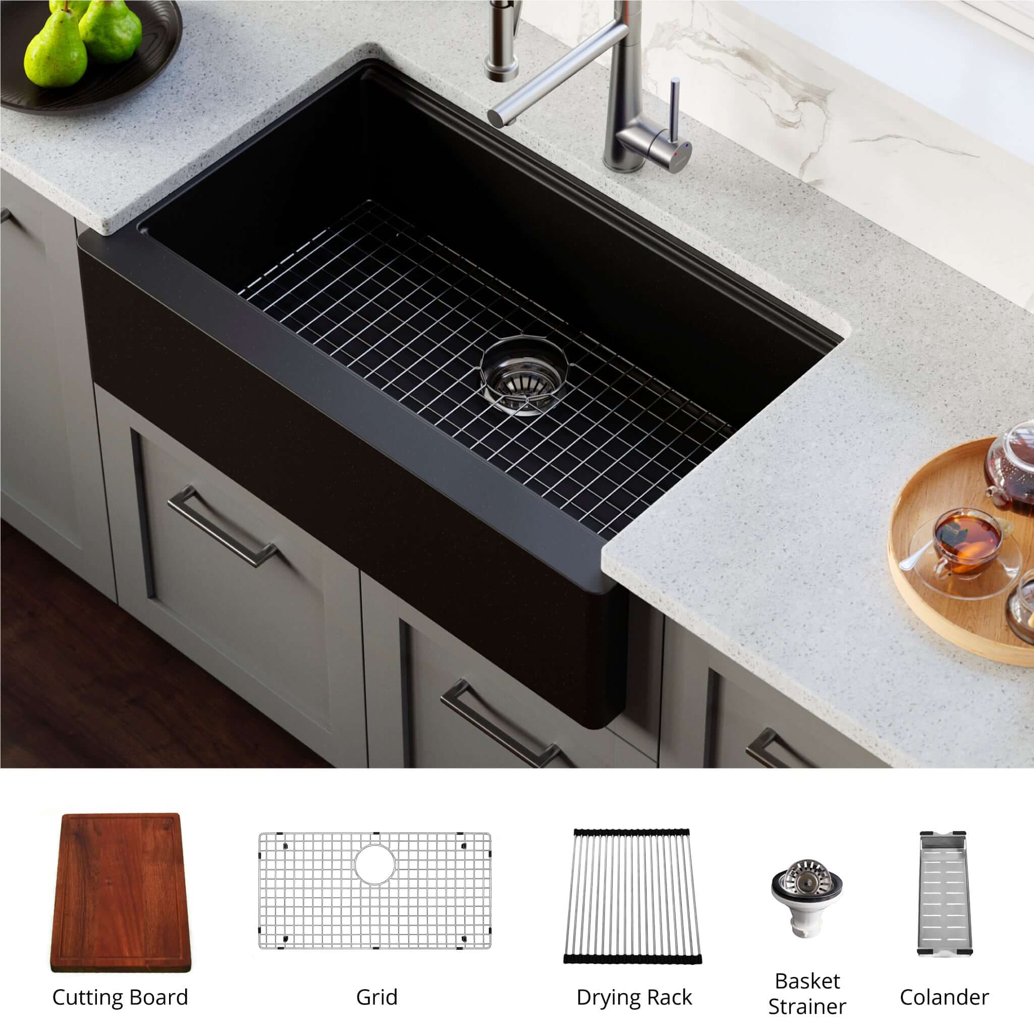 Alternate Image for Karran 34" Quartz Composite Workstation Farmhouse Sink with Accessories, Black, QAWS-740-BL