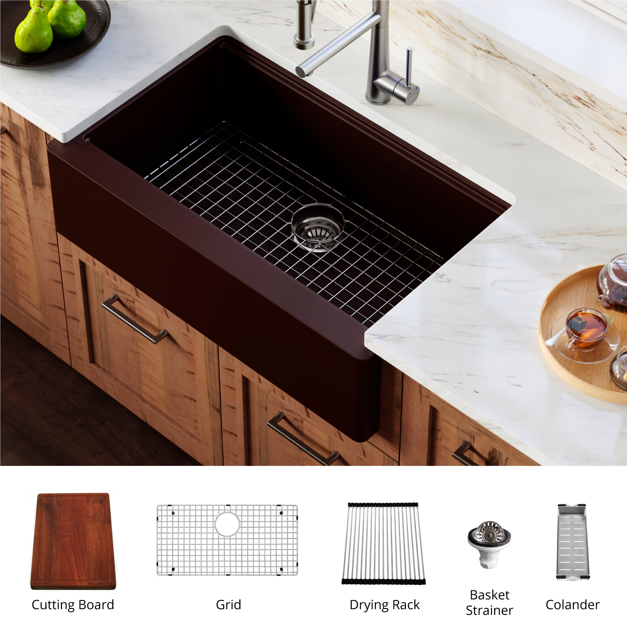 Karran 34" Quartz Composite Workstation Farmhouse Sink with Accessories, Brown, QAWS-740-BR