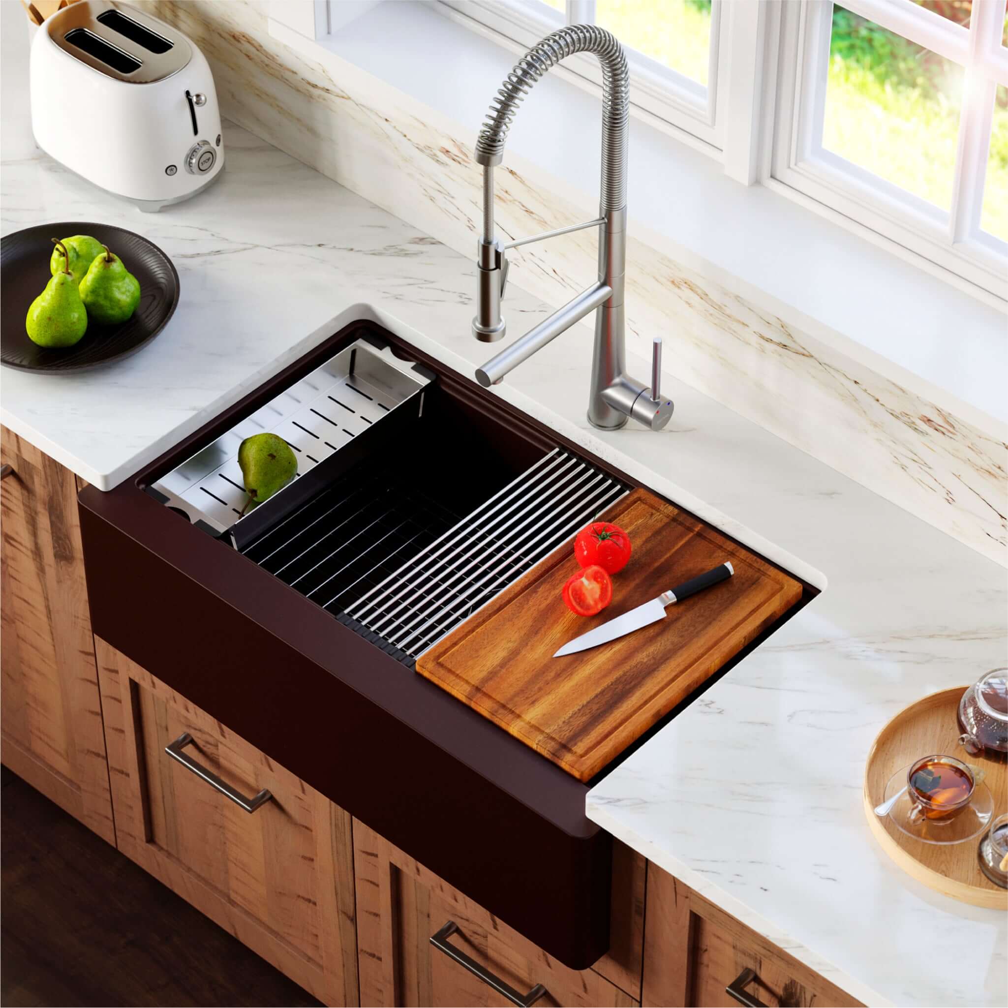 Alternate Image for Karran 34" Quartz Composite Workstation Farmhouse Sink with Accessories, Brown, QAWS-740-BR