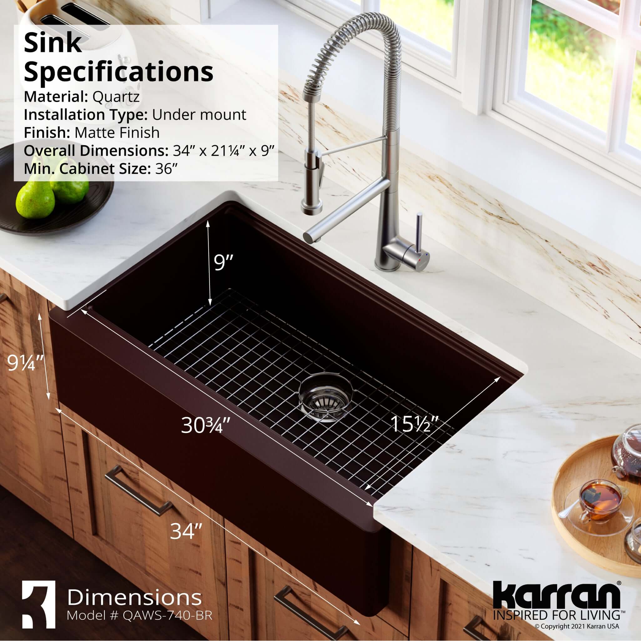 Alternate Image for Karran 34" Quartz Composite Workstation Farmhouse Sink with Accessories, Brown, QAWS-740-BR