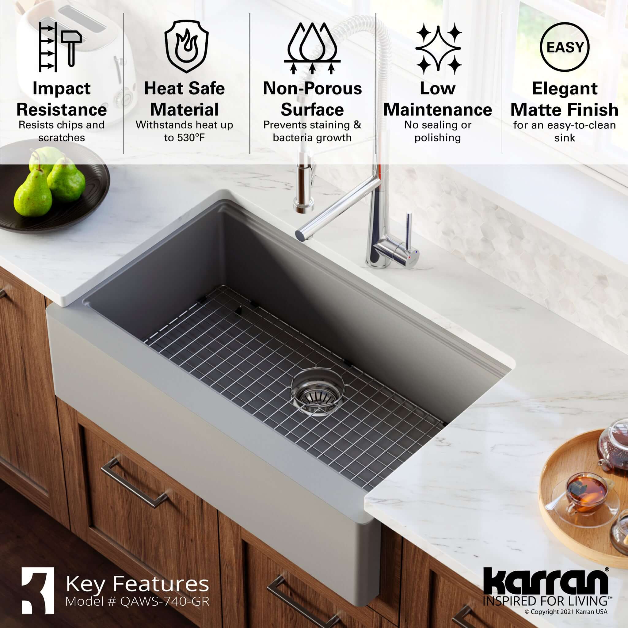 Alternate Image for Karran 34" Quartz Composite Workstation Farmhouse Sink with Accessories, Grey, QAWS-740-GR
