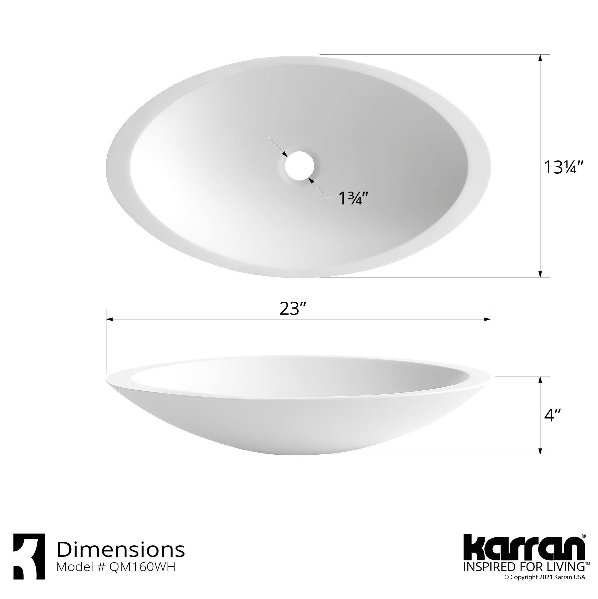 Alternate Image for Karran Quattro 23" x 13.25" Oval Vessel Acrylic Solid Surface ADA Bathroom Sink with Stainless Steel Faucet and Accessories, White, QM160WH412SS