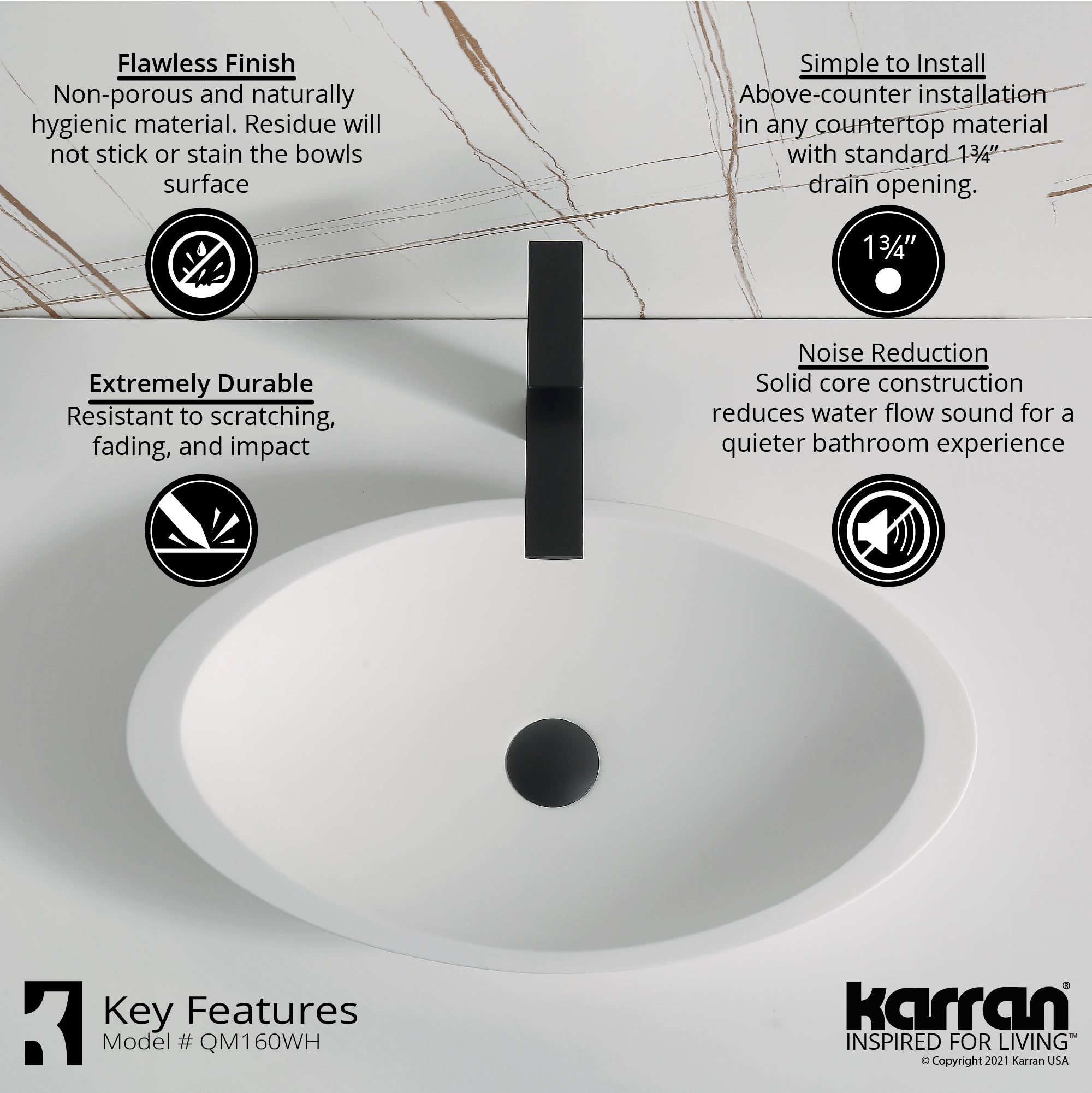 Alternate Image for Karran Quattro 23" x 13.25" Oval Vessel Acrylic Solid Surface ADA Bathroom Sink, White, QM160WH