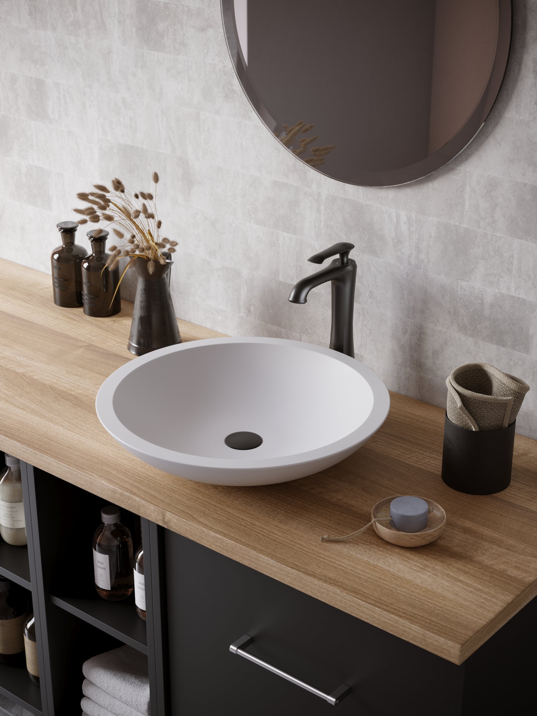 Alternate Image for Karran Quattro 19.25" x 19.25" Round Vessel Acrylic Solid Surface ADA Bathroom Sink with Matte Black Faucet and Accessories, White, QM162WH412MB