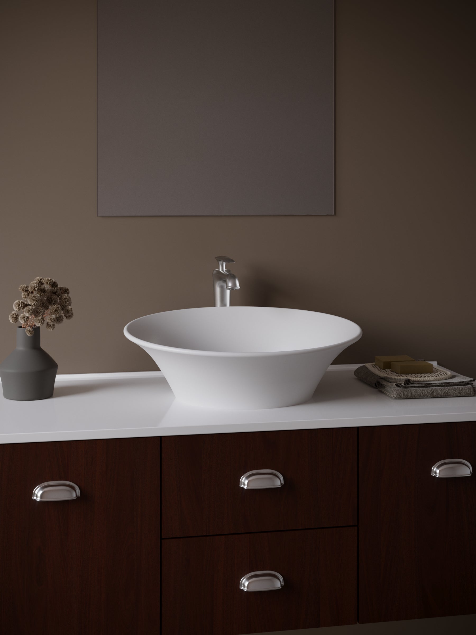 Karran Quattro 20.625" x 17" Oval Vessel Acrylic Solid Surface ADA Bathroom Sink with Stainless Steel Faucet and Accessories, White, QM164WH412SS